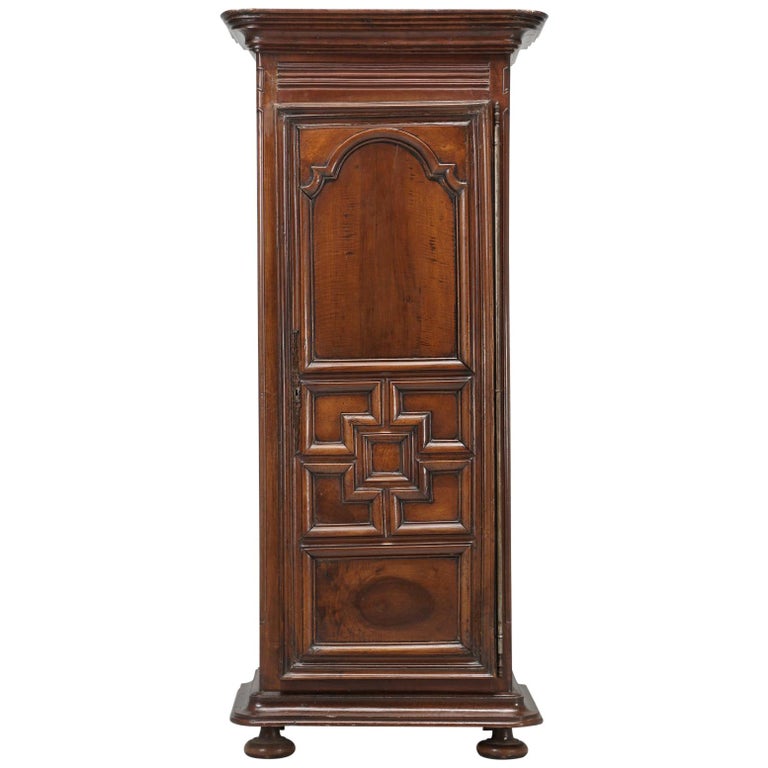 Antique French Louis XIII Style Bonnetière or Small Armoire in Figured Walnut For Sale