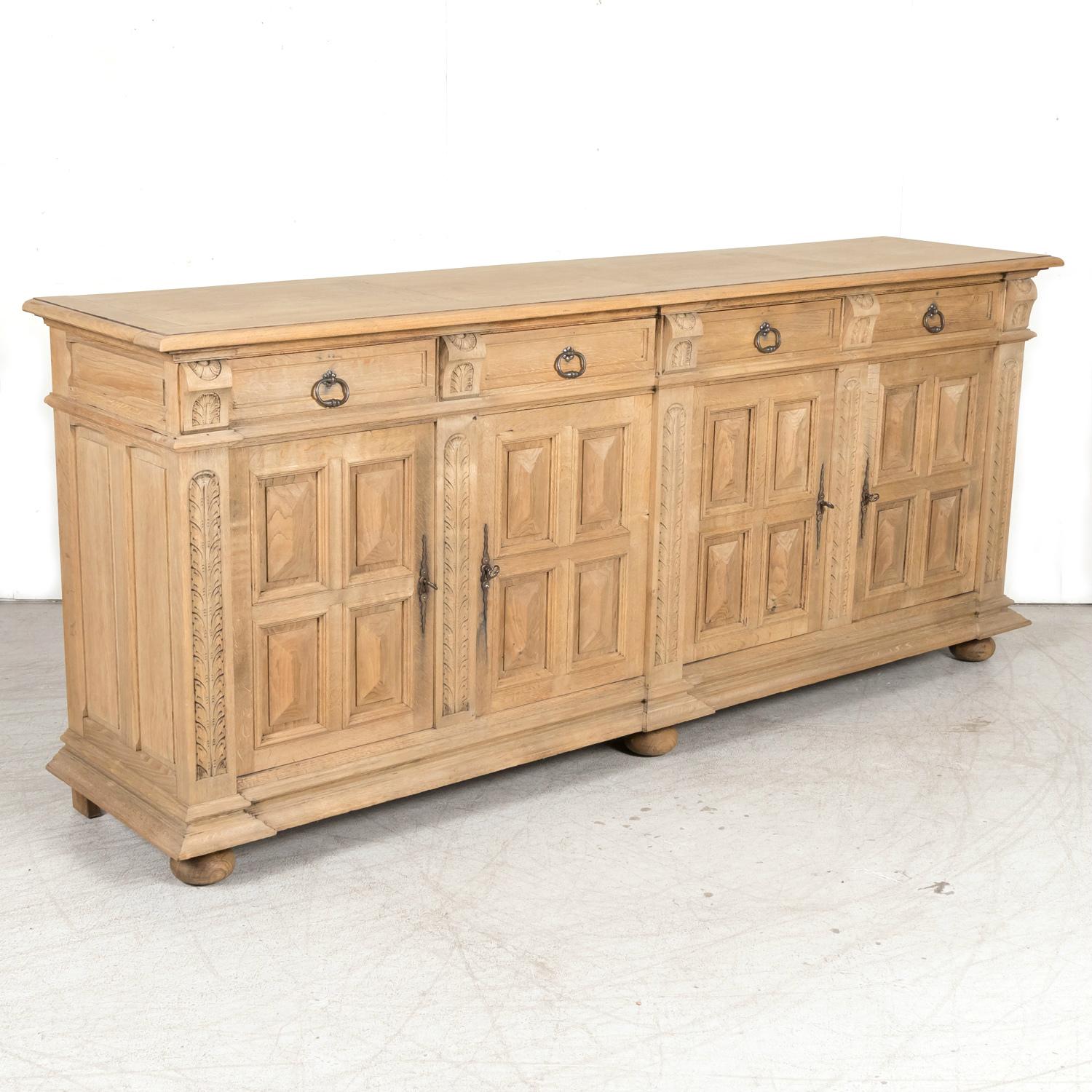 Antique French Louis XIII Style Carved Bleached Oak Enfilade Buffet In Good Condition In Birmingham, AL