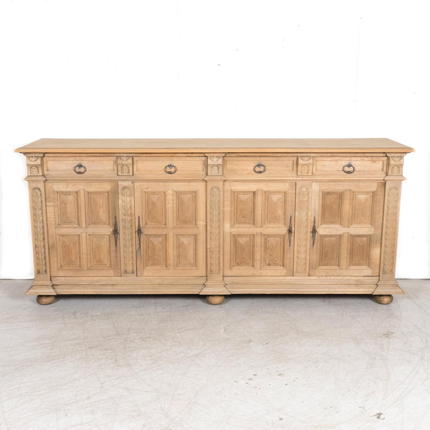 Early 20th Century Antique French Louis XIII Style Carved Bleached Oak Enfilade Buffet