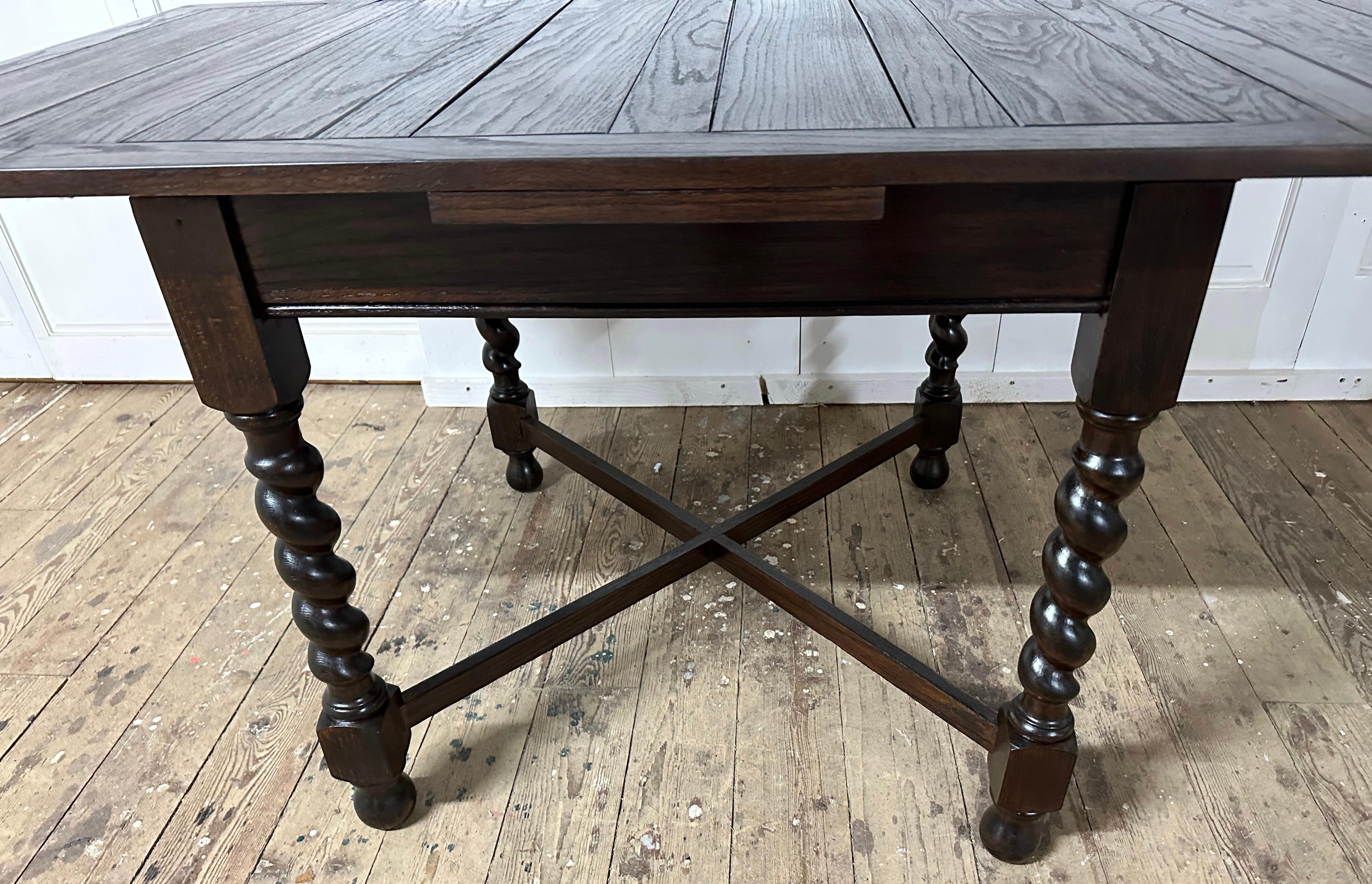 Oak Antique French Louis XIII Style Draw Leaf Dining Table with Barley Twist Legs For Sale