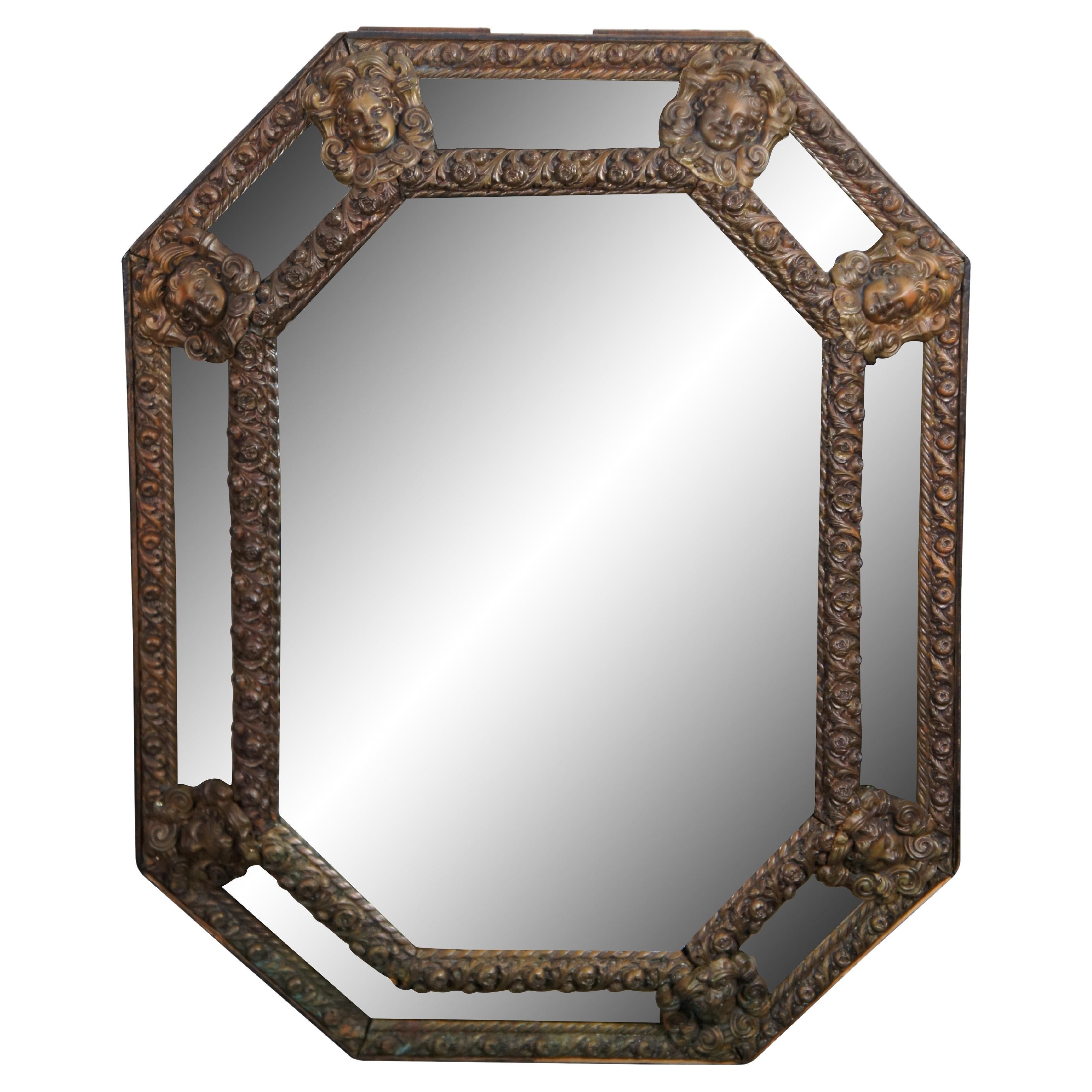 Antique French Louis XIII Style Figural Repousse Brass Octagonal Wall Mirror 42"