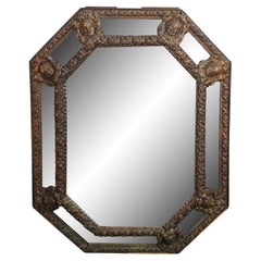 Antique French Louis XIII Style Figural Repousse Brass Octagonal Wall Mirror 42"