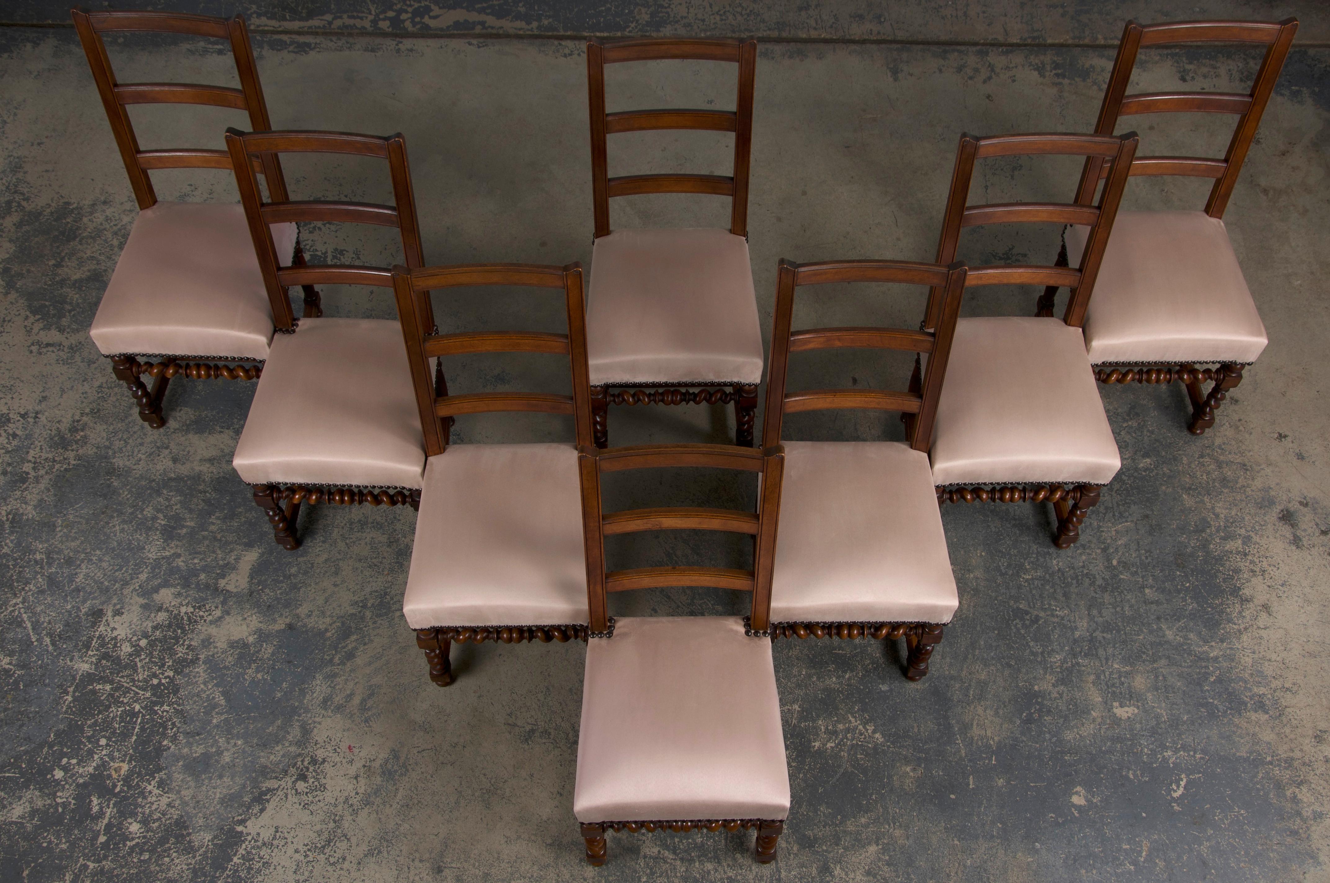 Hand-Carved Antique French Louis XIII Style Ladder Back Walnut Dining Chairs - Set of 8