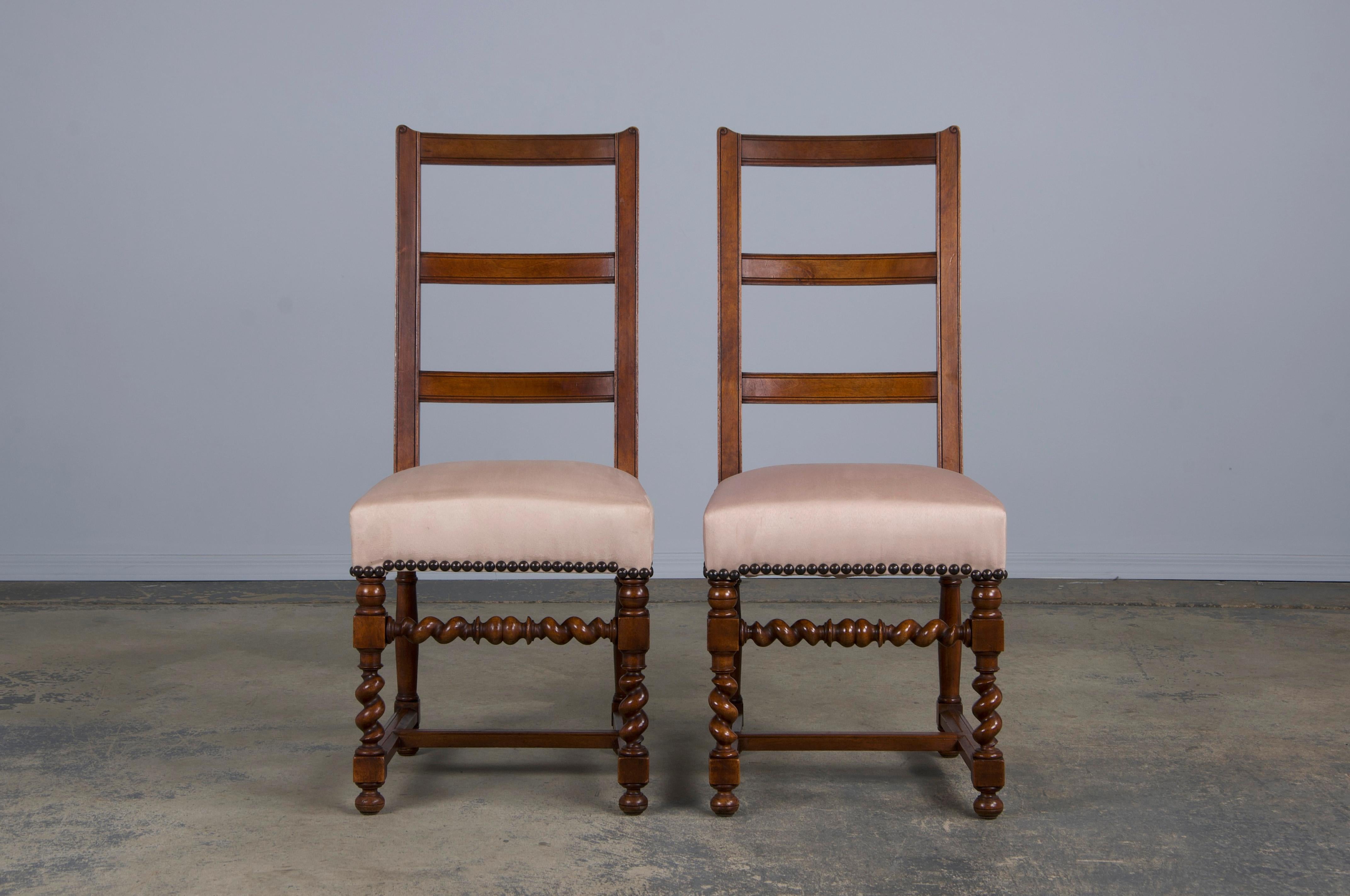 Velvet Antique French Louis XIII Style Ladder Back Walnut Dining Chairs - Set of 8