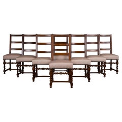 Antique French Louis XIII Style Ladder Back Walnut Dining Chairs - Set of 8