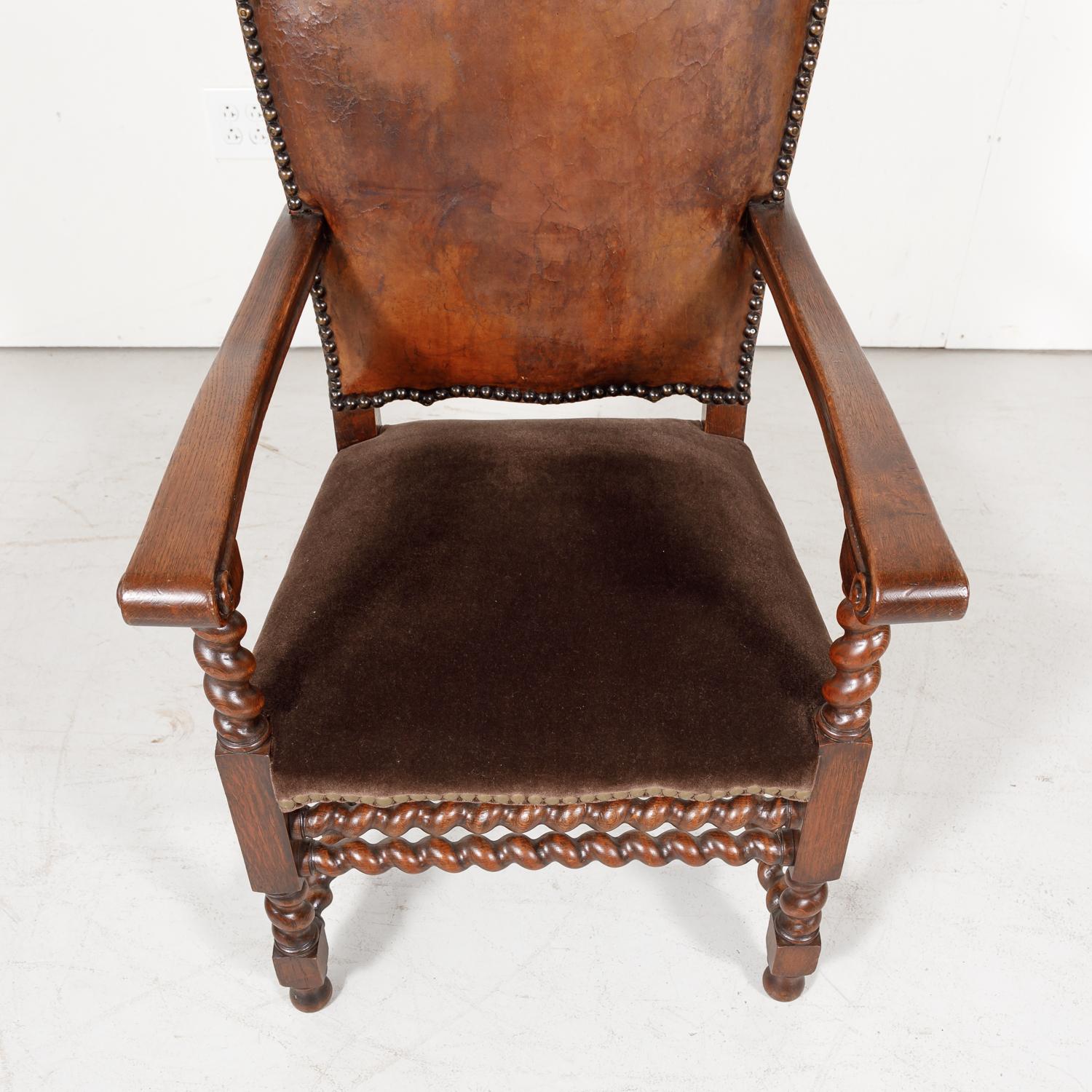 Mid-19th Century Antique French Louis XIII Style Leather and Mohair Barley Twist Armchair
