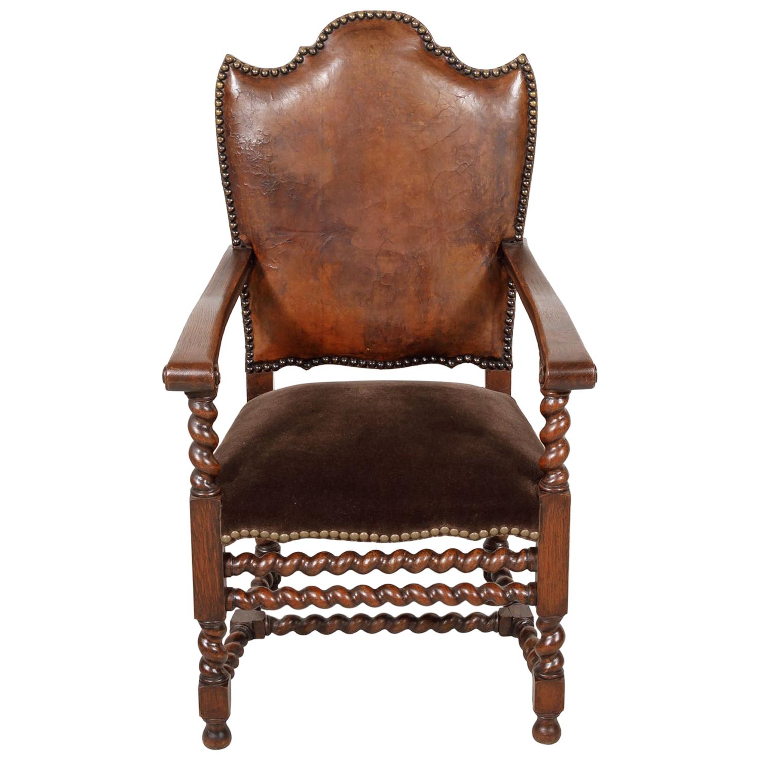 Antique French Louis XIII Style Leather and Mohair Barley Twist Armchair
