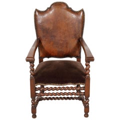 Antique French Louis XIII Style Leather and Mohair Barley Twist Armchair