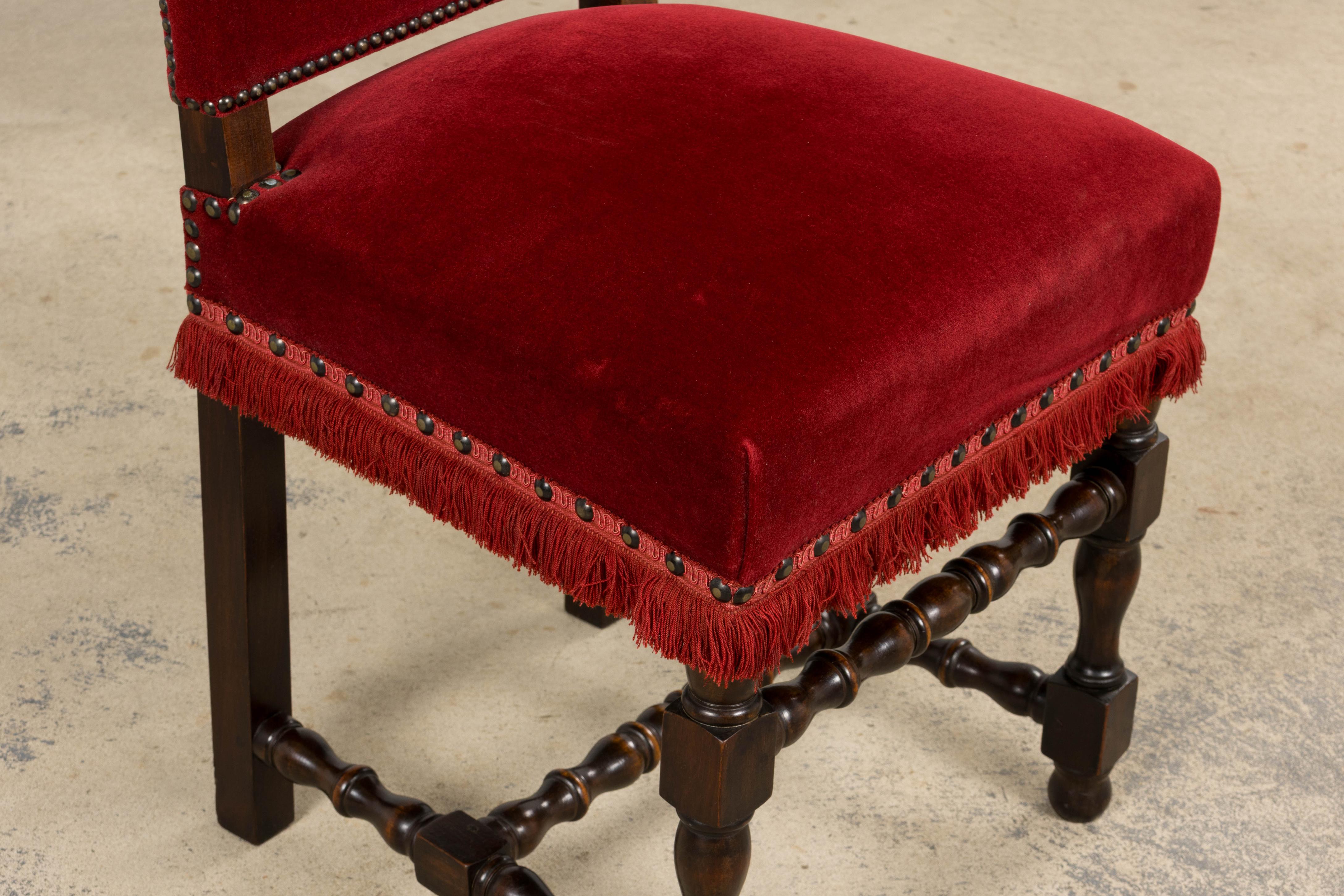 Antique French Louis XIII Style Maple Dining Chairs in Red Velvet - Set of 10 For Sale 13