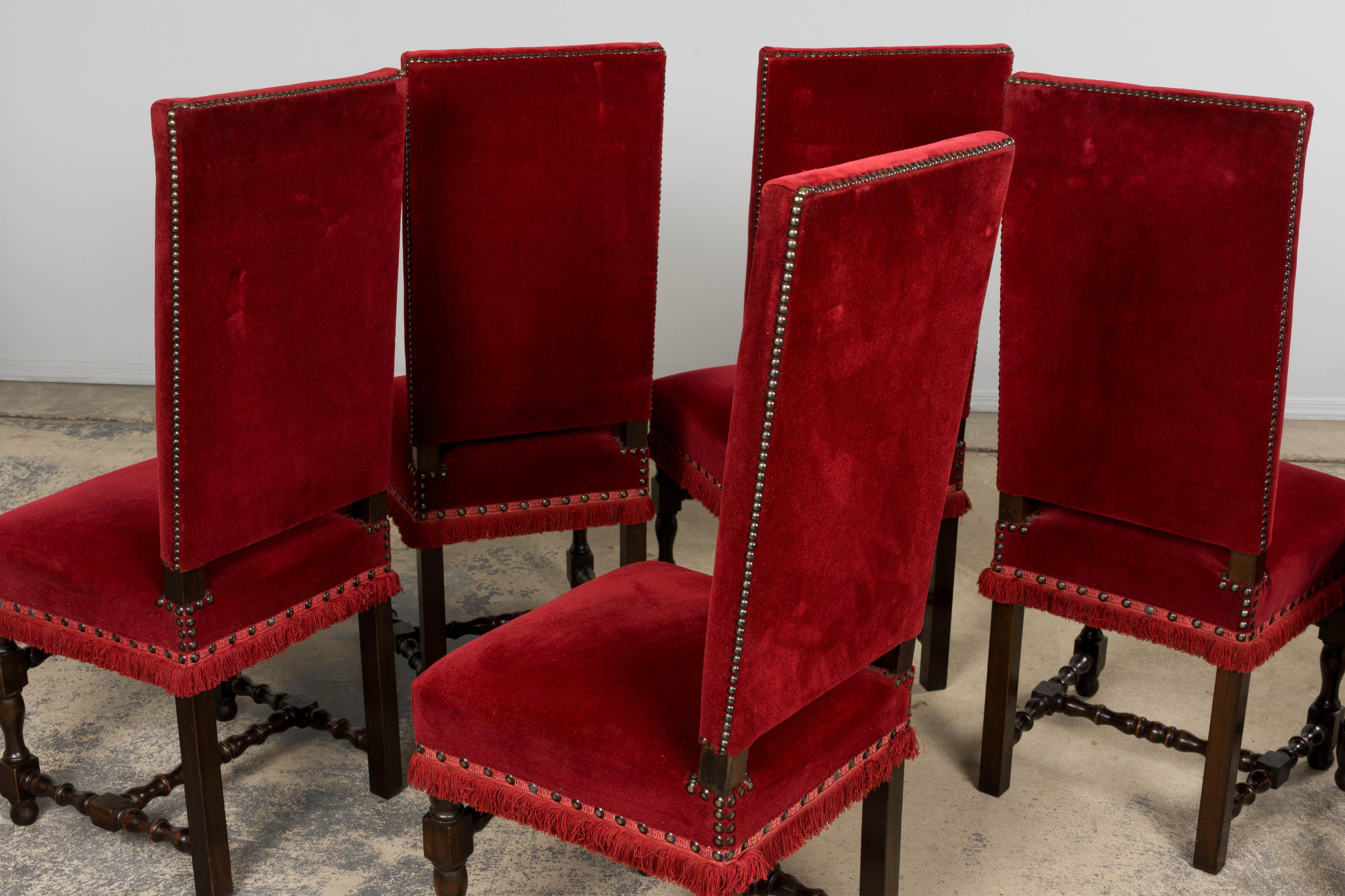 Antique French Louis XIII Style Maple Dining Chairs in Red Velvet - Set of 10 For Sale 15
