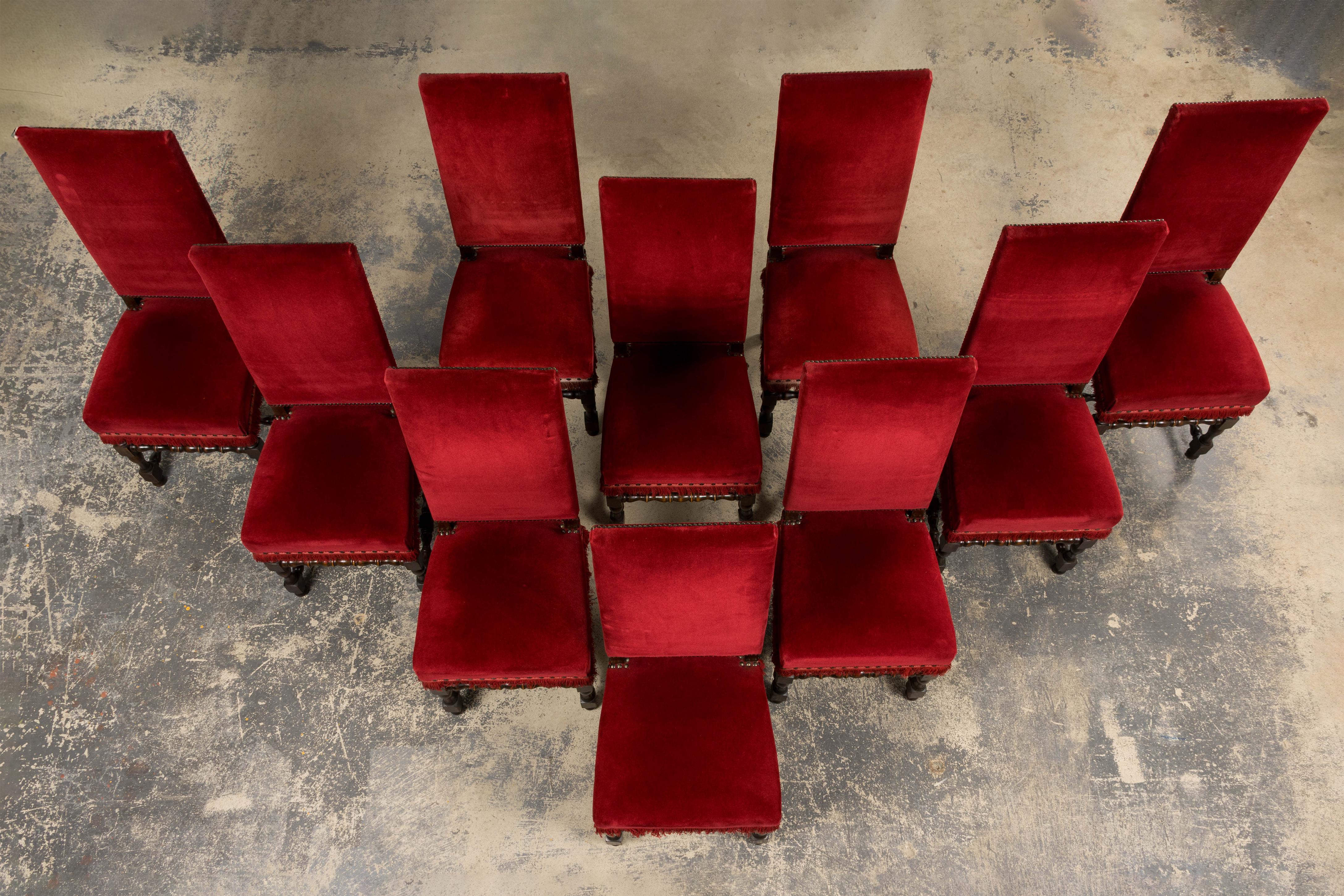 Hand-Carved Antique French Louis XIII Style Maple Dining Chairs in Red Velvet - Set of 10 For Sale