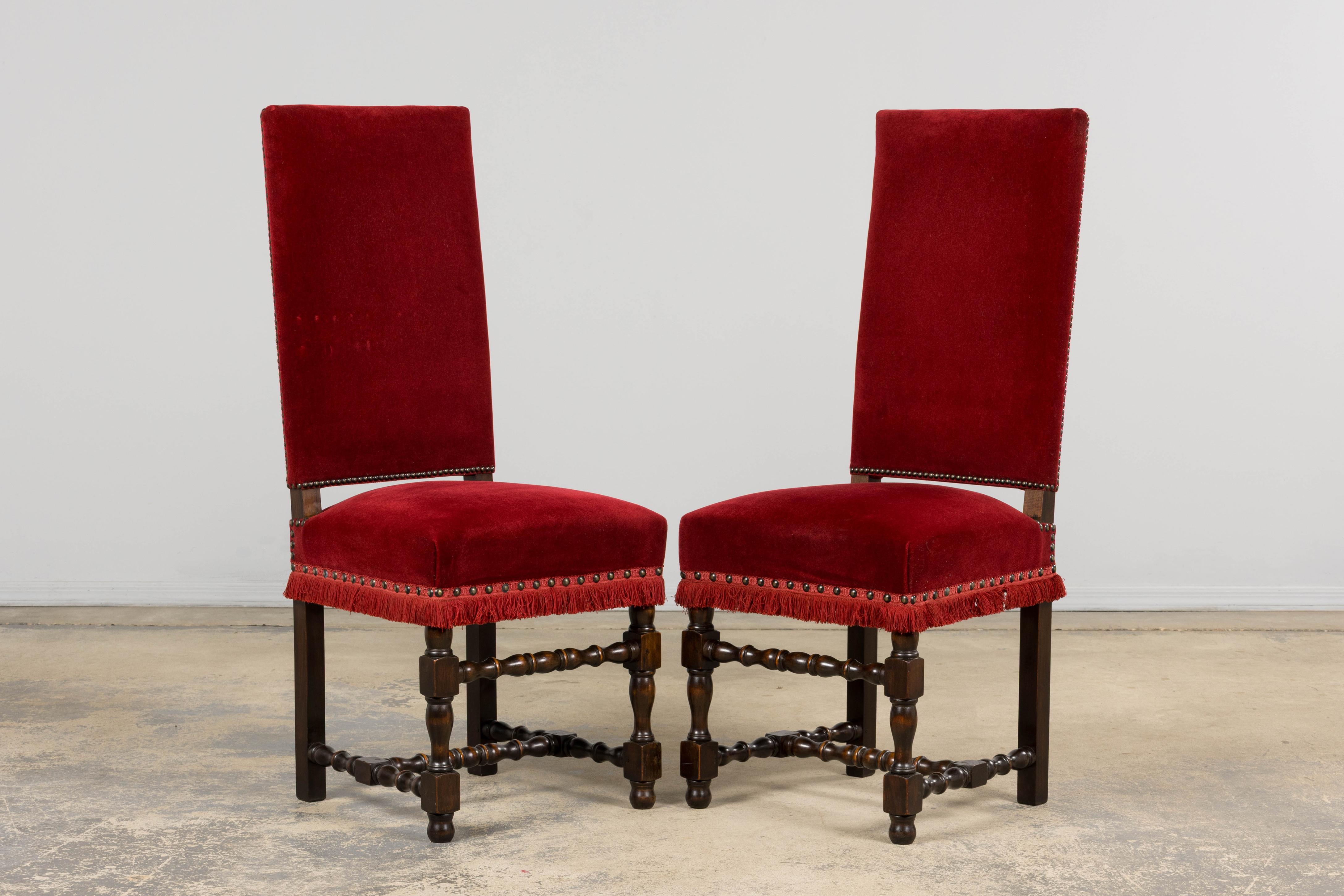 20th Century Antique French Louis XIII Style Maple Dining Chairs in Red Velvet - Set of 10 For Sale