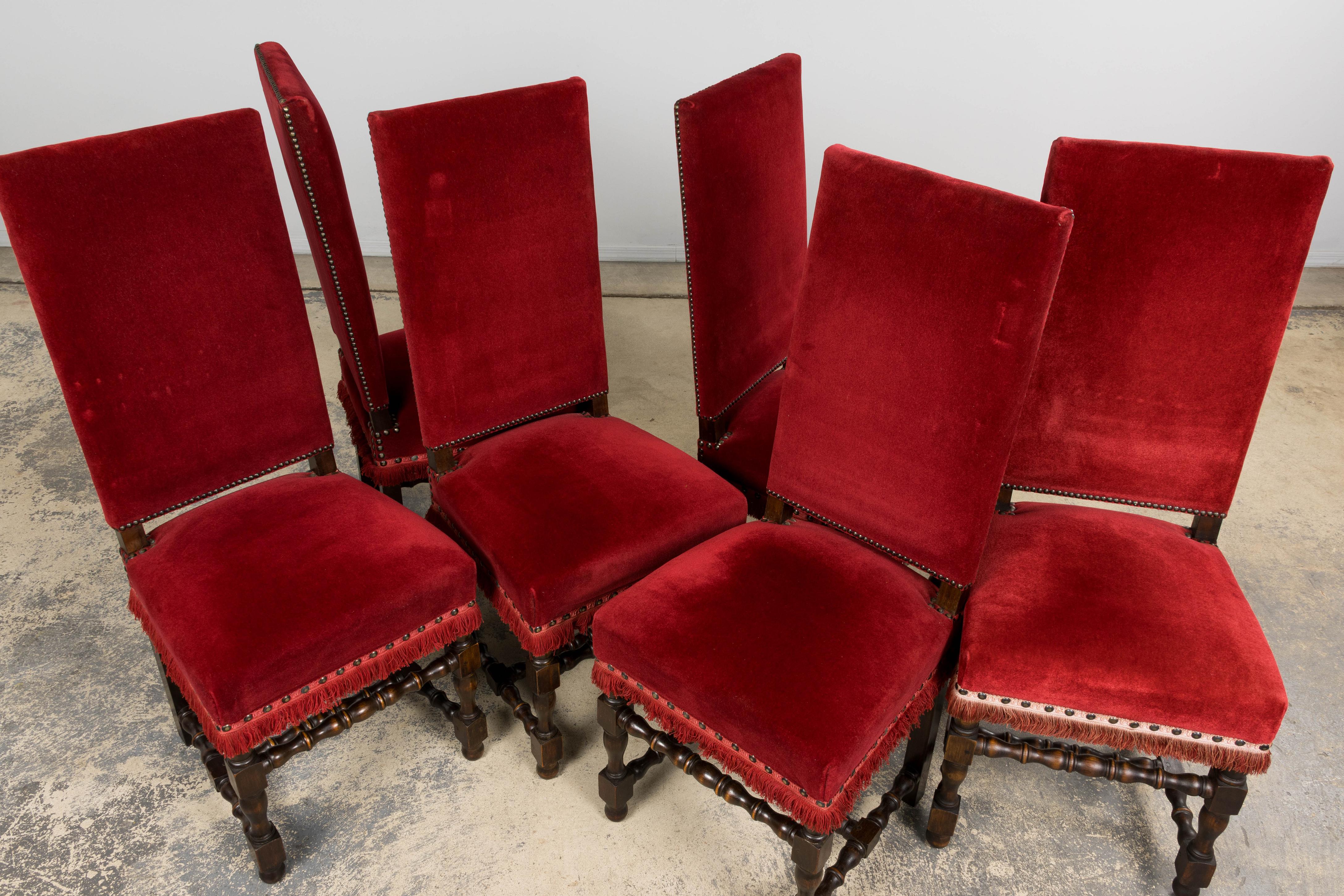 Antique French Louis XIII Style Maple Dining Chairs in Red Velvet - Set of 10 For Sale 1