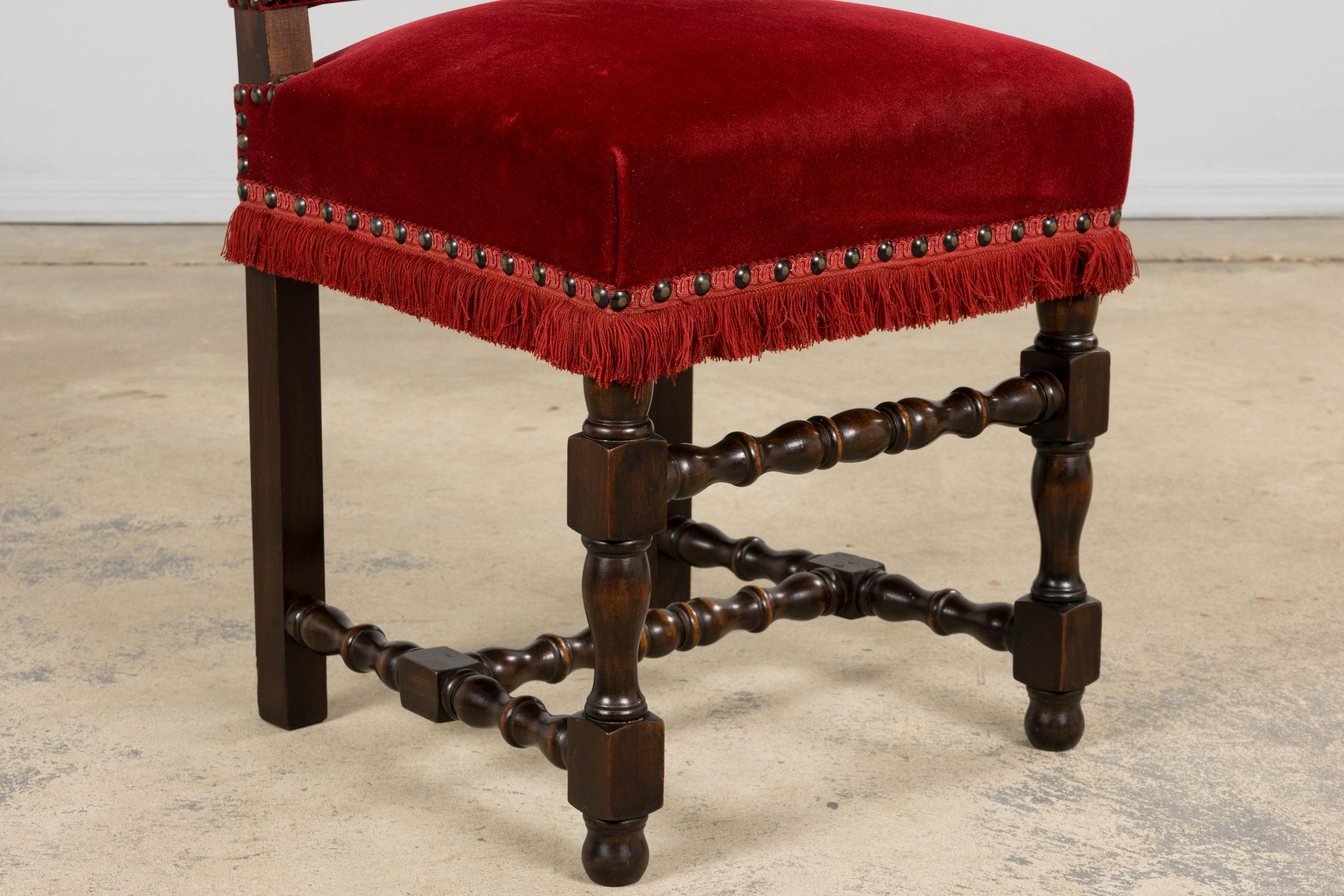 Antique French Louis XIII Style Maple Dining Chairs in Red Velvet - Set of 10 For Sale 2