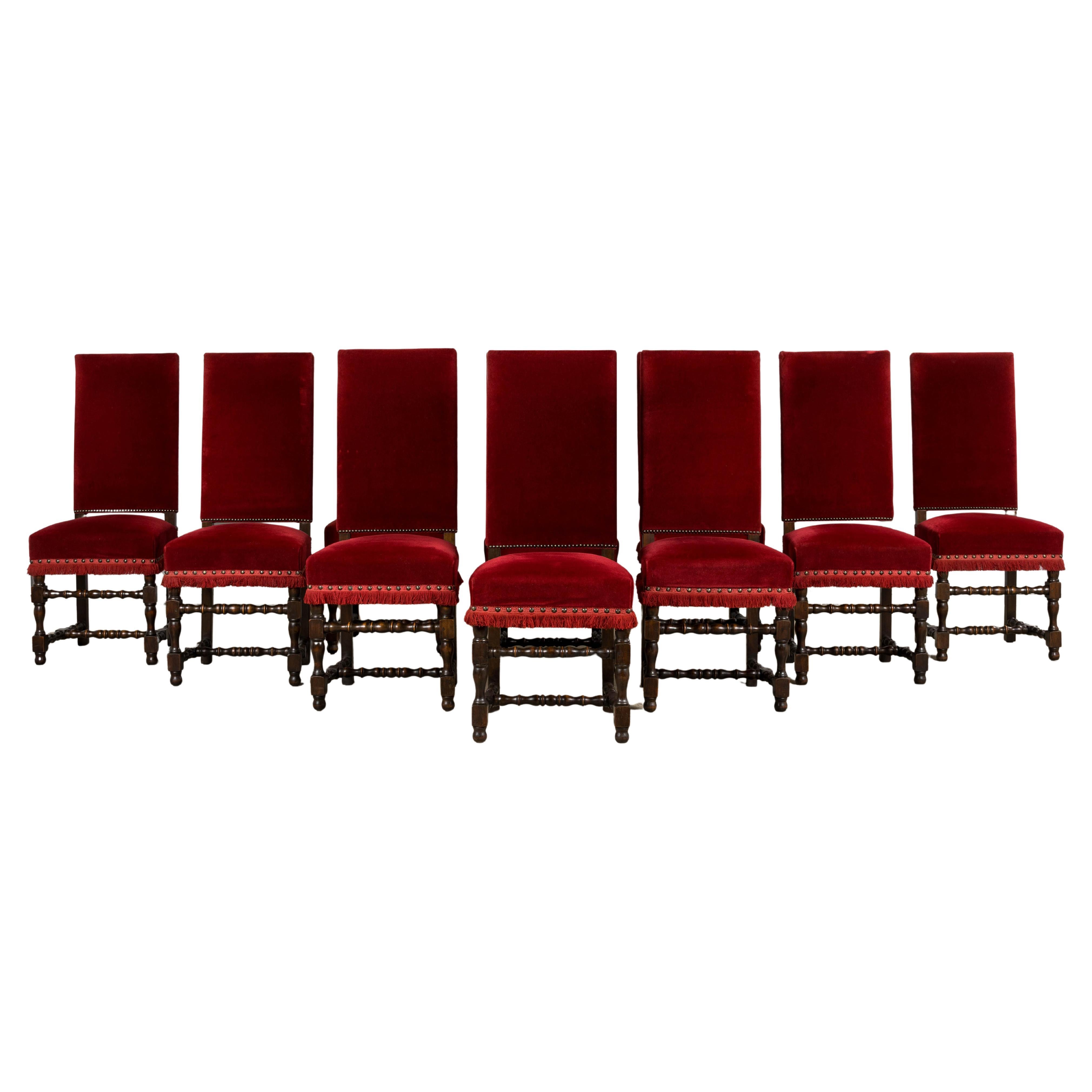Antique French Louis XIII Style Maple Dining Chairs in Red Velvet - Set of 10 For Sale