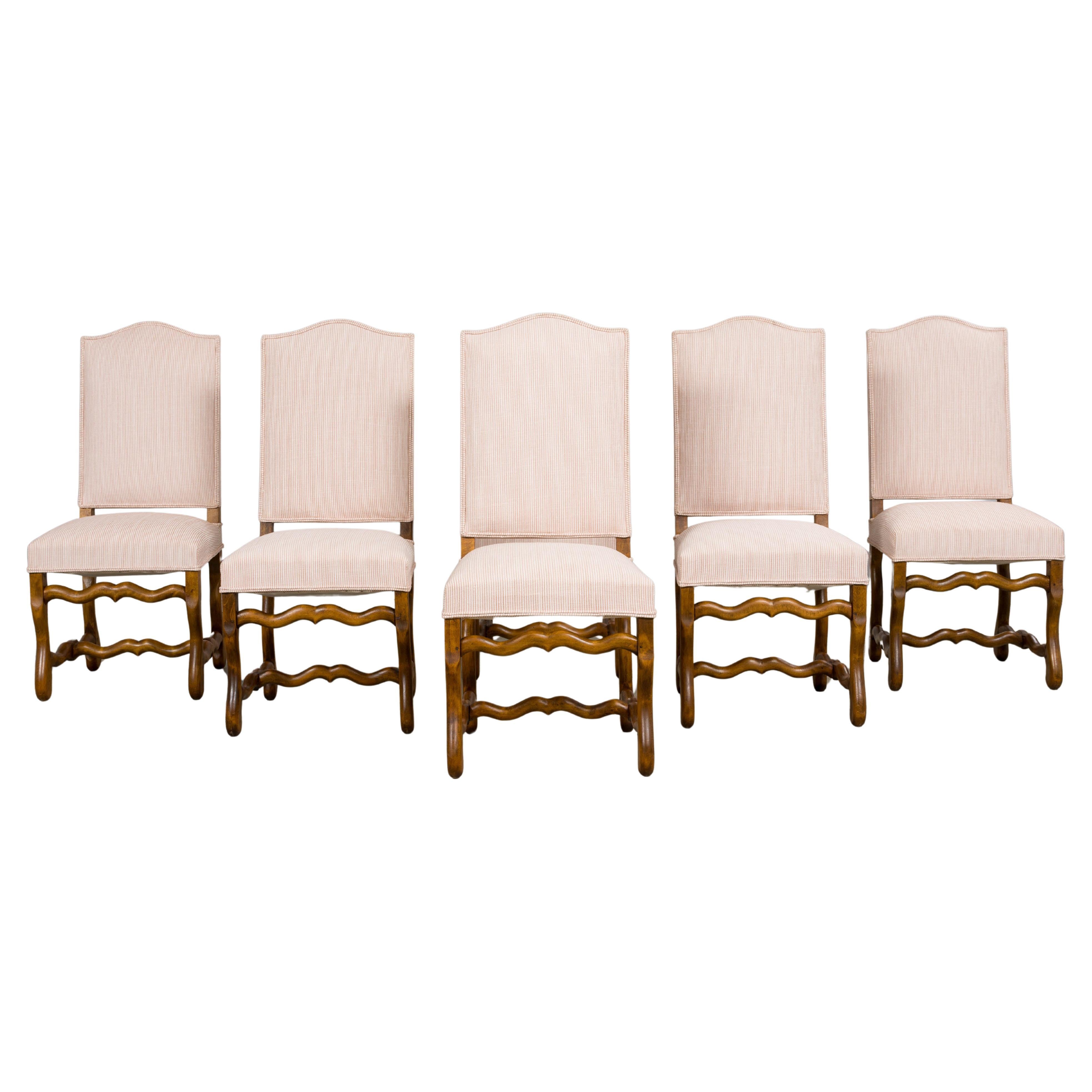 Antique French Louis XIII Style Oak Dining Chairs in Blush Pink Stripe- Set of 6