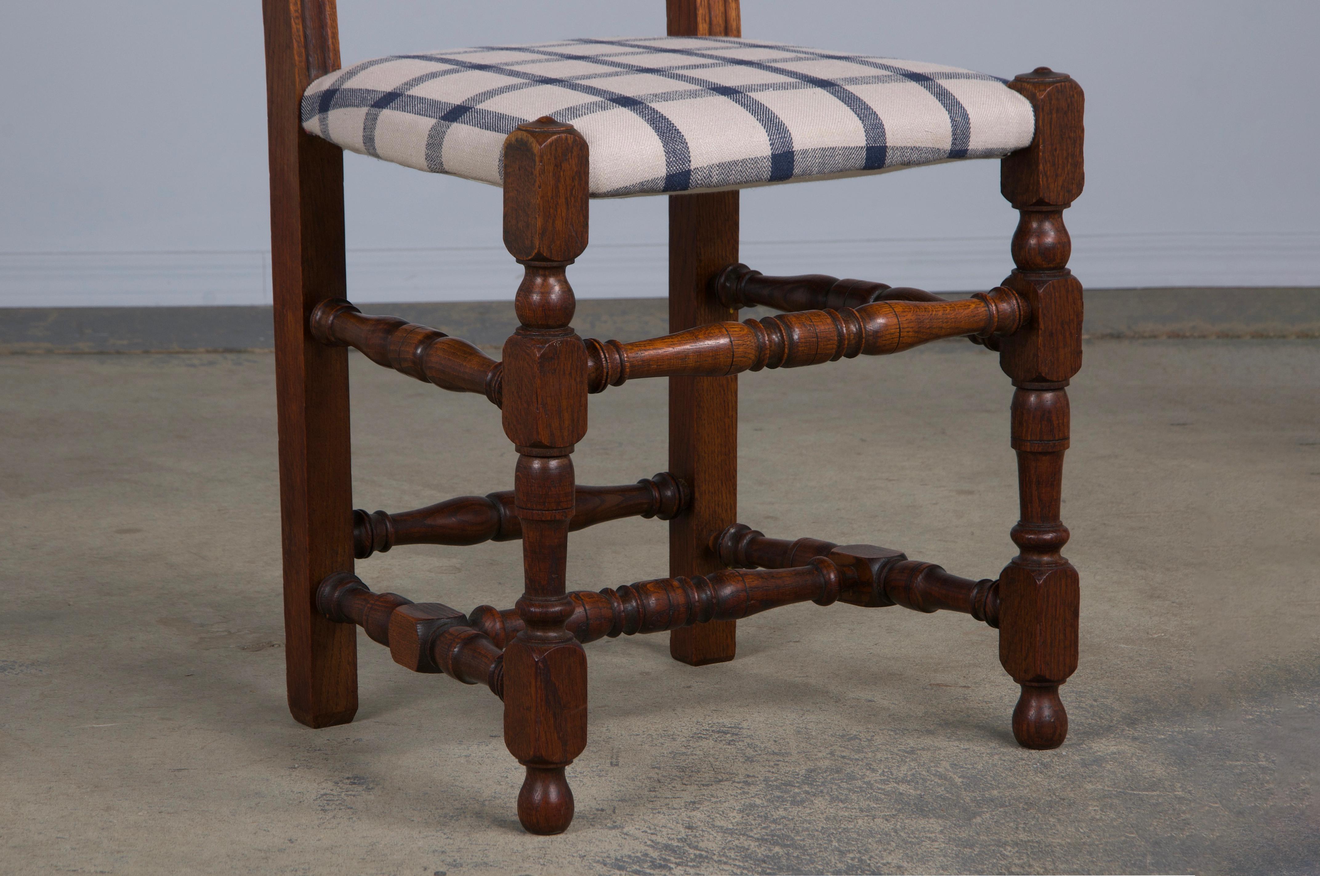 Antique French Louis XIII Style Oak Dining Chairs W/ Plaid Fabric - Set of 6 5