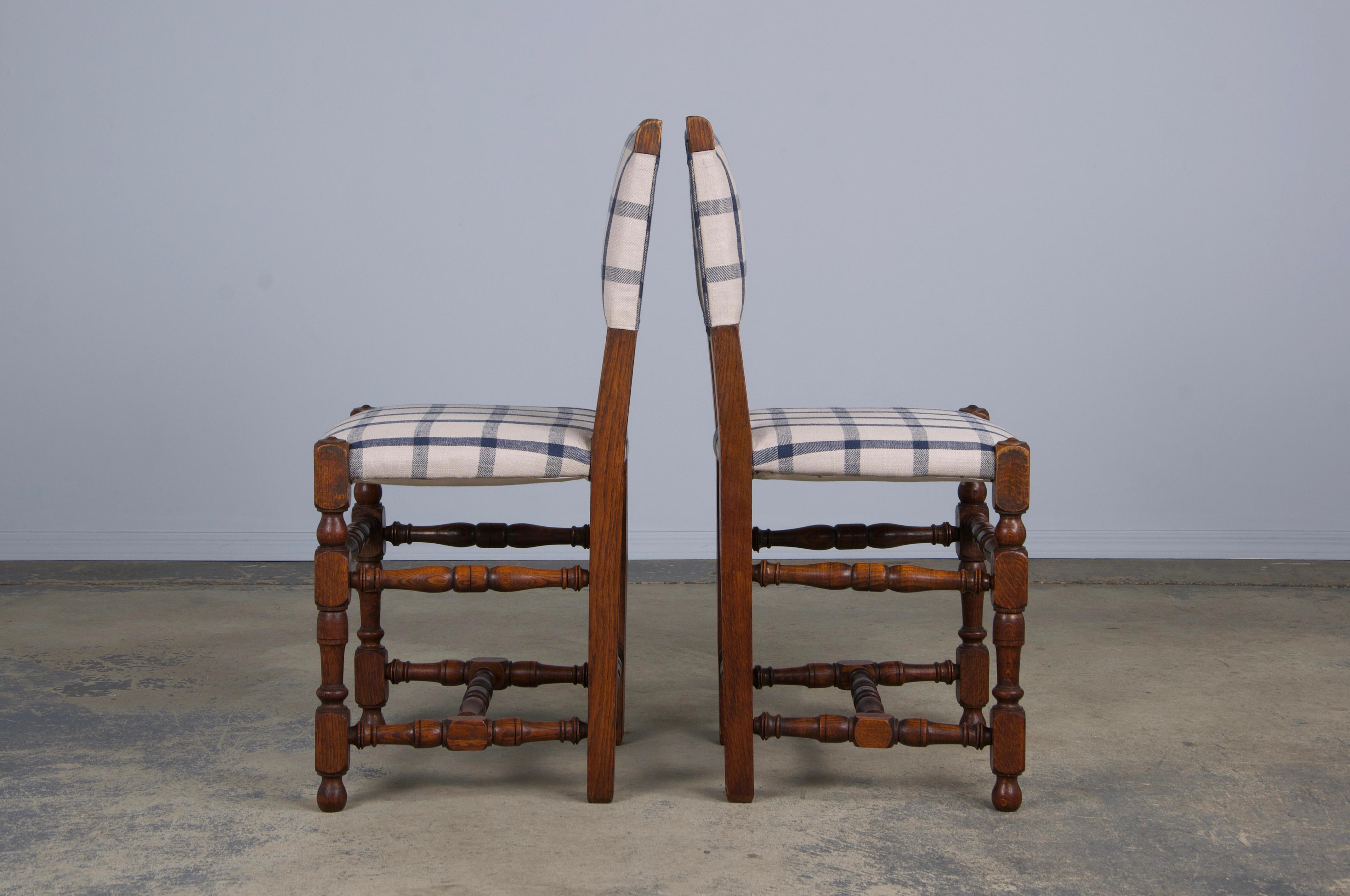 Antique French Louis XIII Style Oak Dining Chairs W/ Plaid Fabric - Set of 6 7