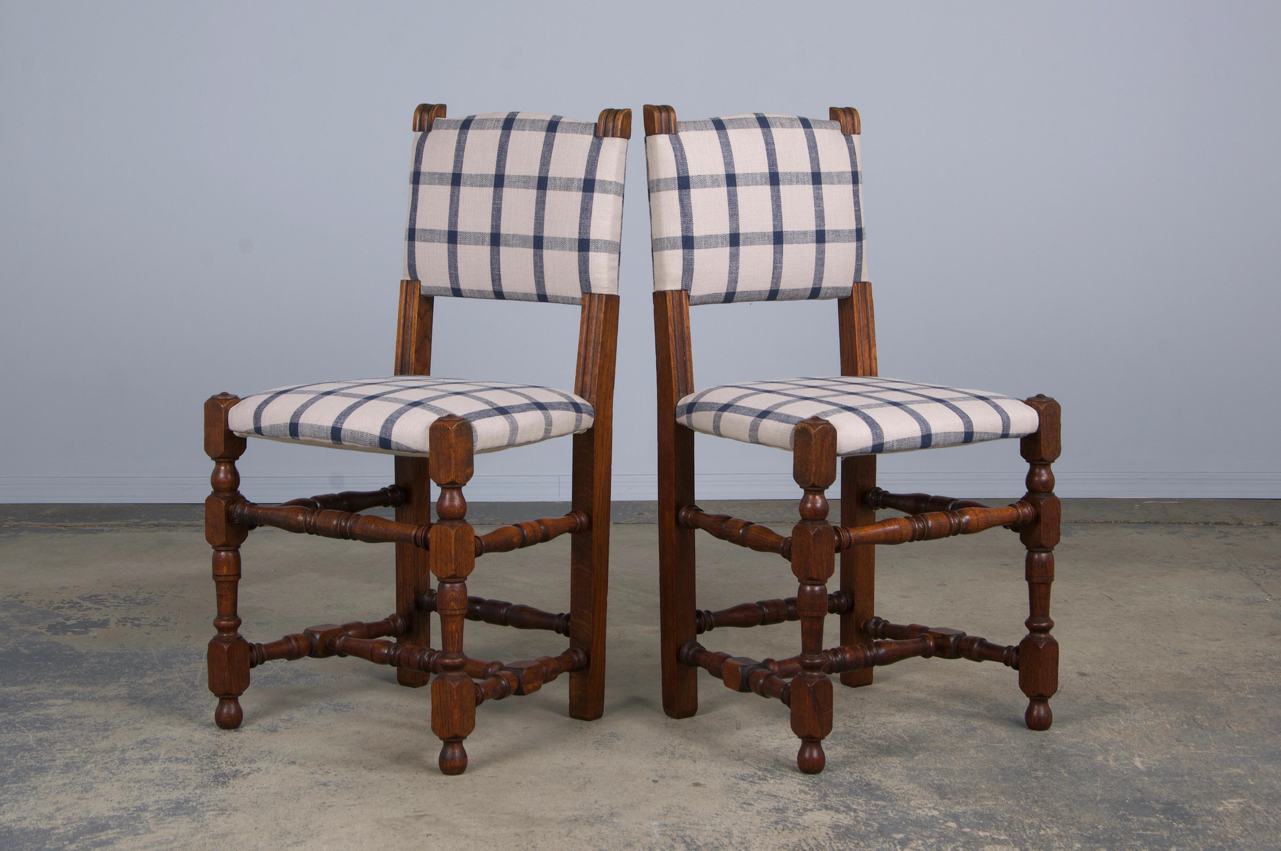 Antique French Louis XIII Style Oak Dining Chairs W/ Plaid Fabric - Set of 6 8