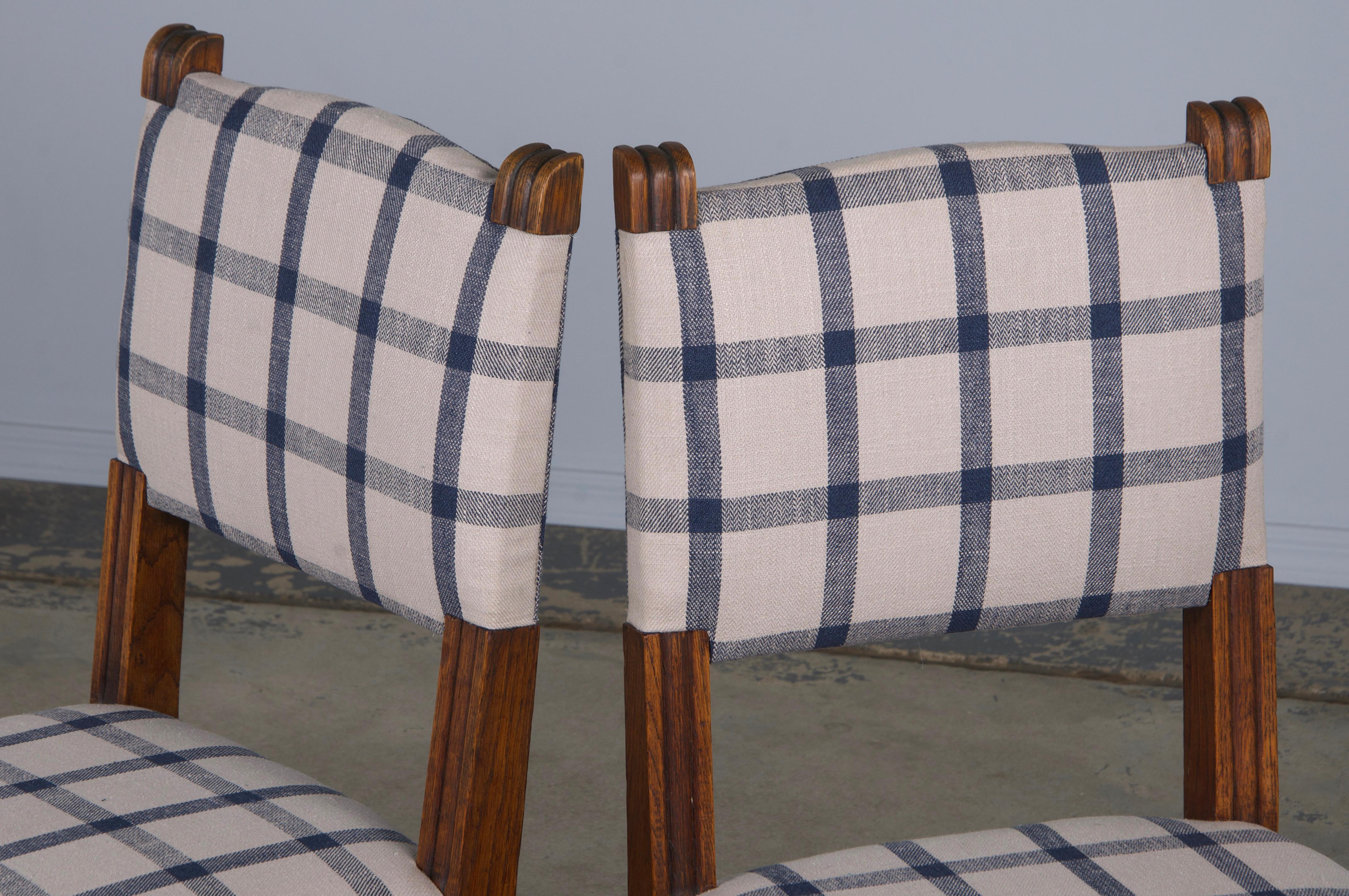 Antique French Louis XIII Style Oak Dining Chairs W/ Plaid Fabric - Set of 6 9