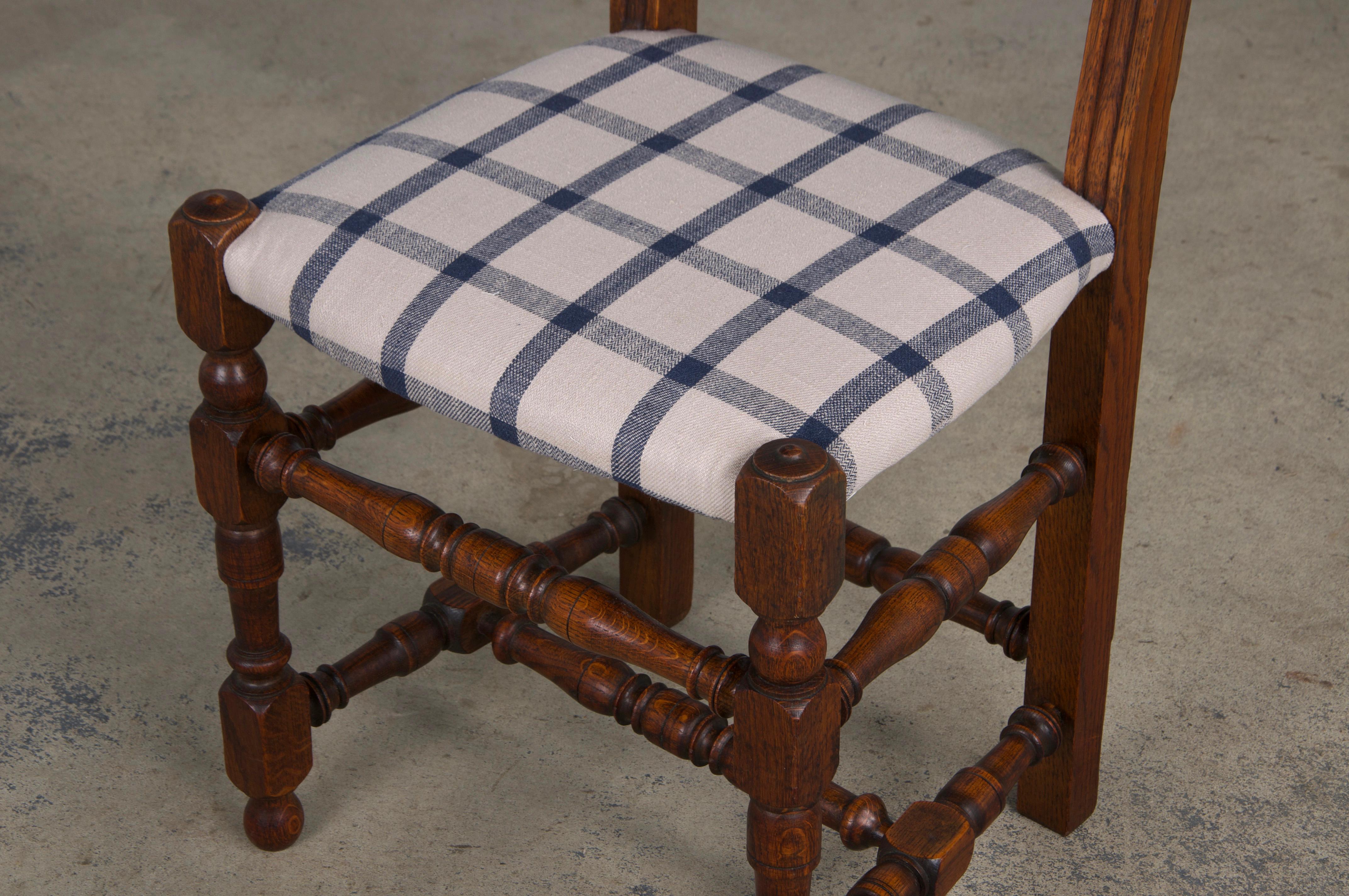 Antique French Louis XIII Style Oak Dining Chairs W/ Plaid Fabric - Set of 6 10