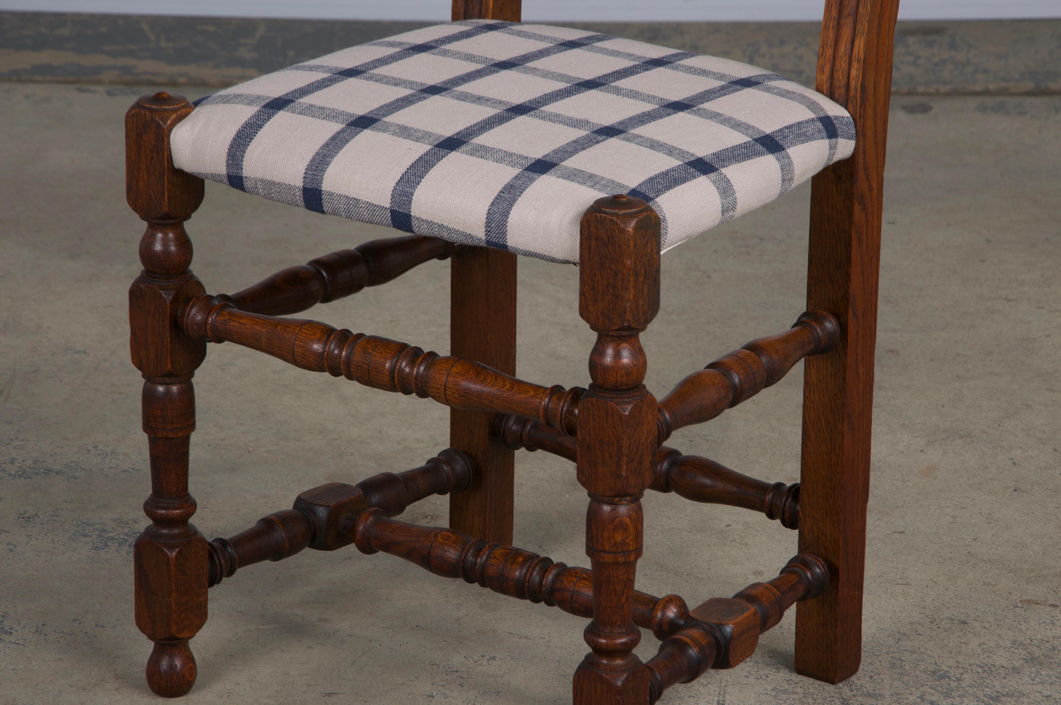 Antique French Louis XIII Style Oak Dining Chairs W/ Plaid Fabric - Set of 6 11