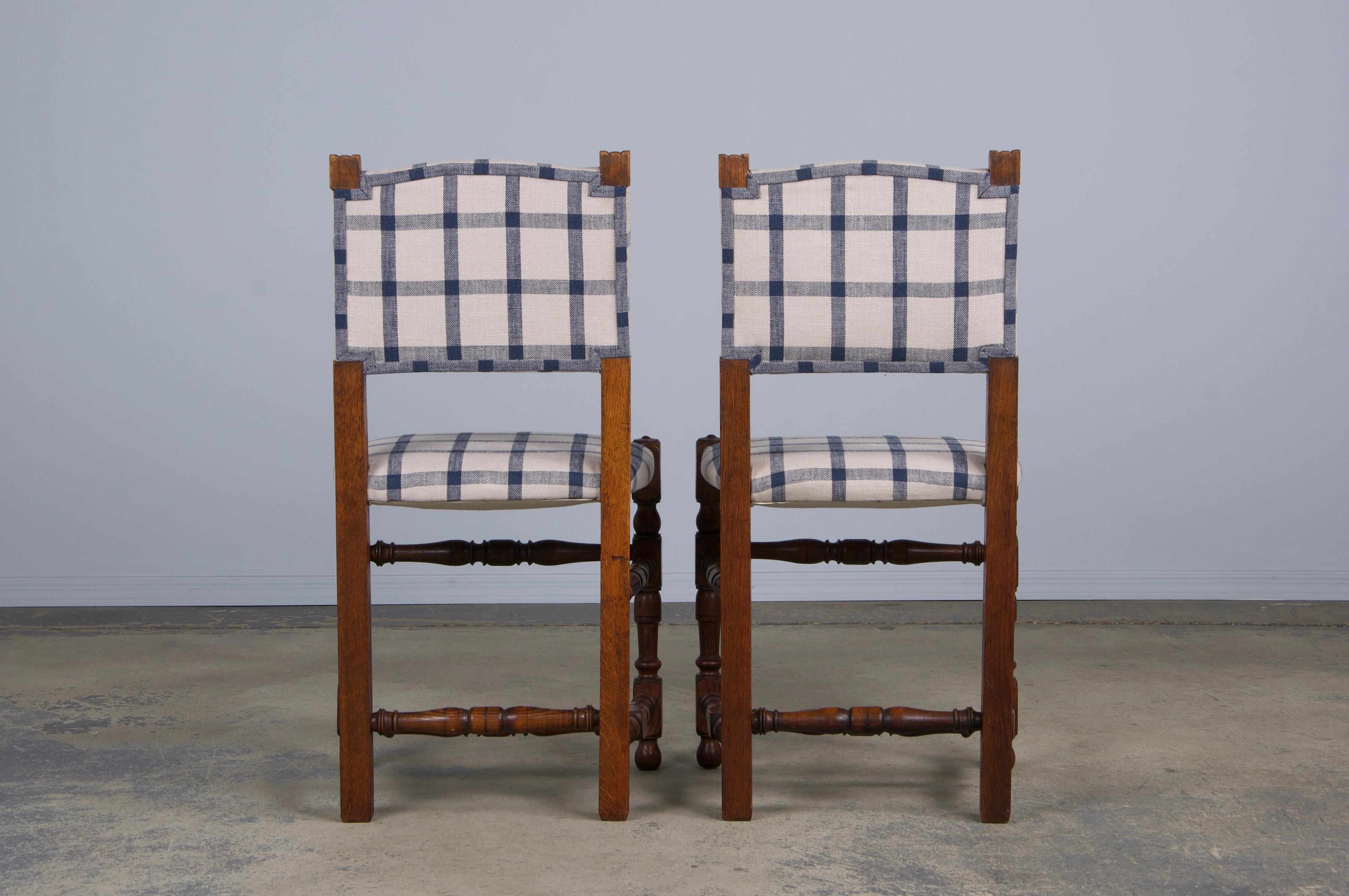 Antique French Louis XIII Style Oak Dining Chairs W/ Plaid Fabric - Set of 6 12