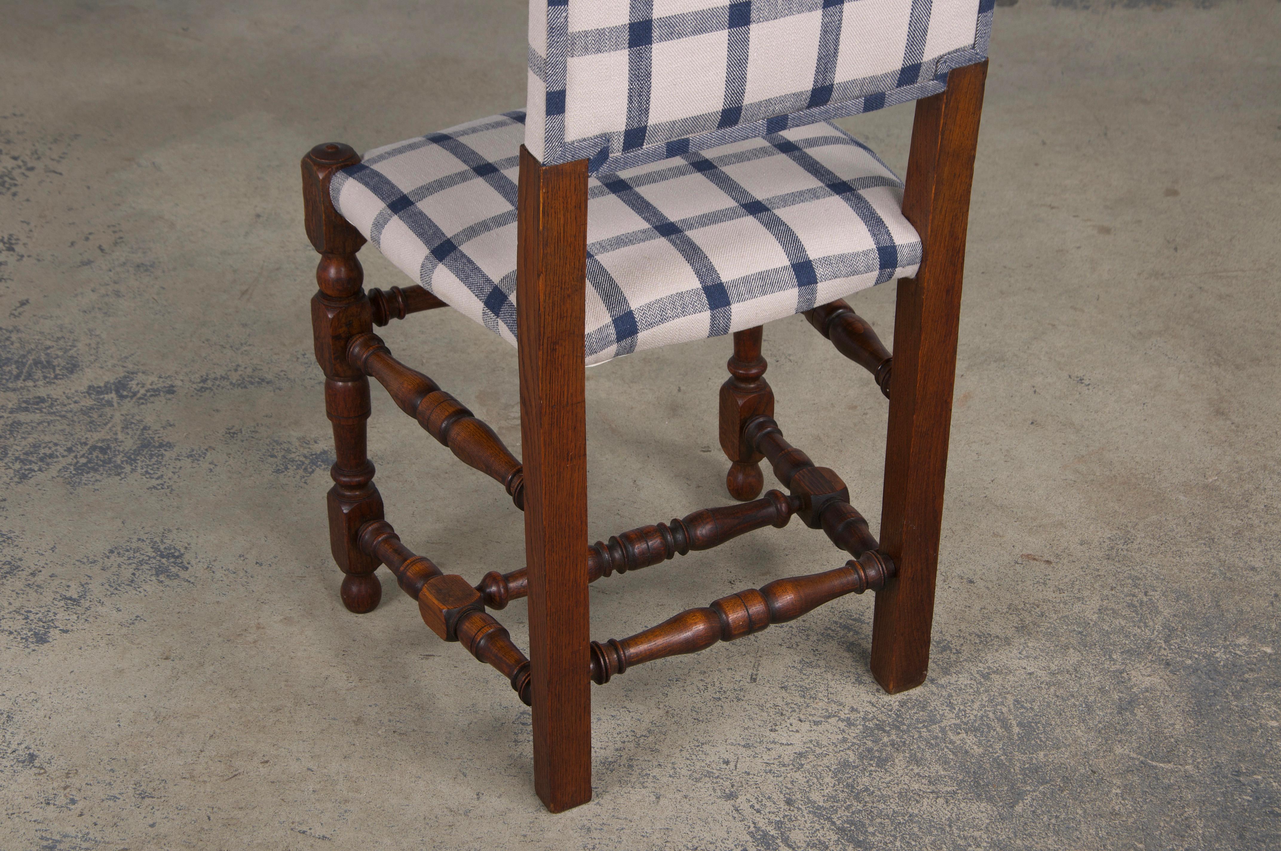 Antique French Louis XIII Style Oak Dining Chairs W/ Plaid Fabric - Set of 6 14