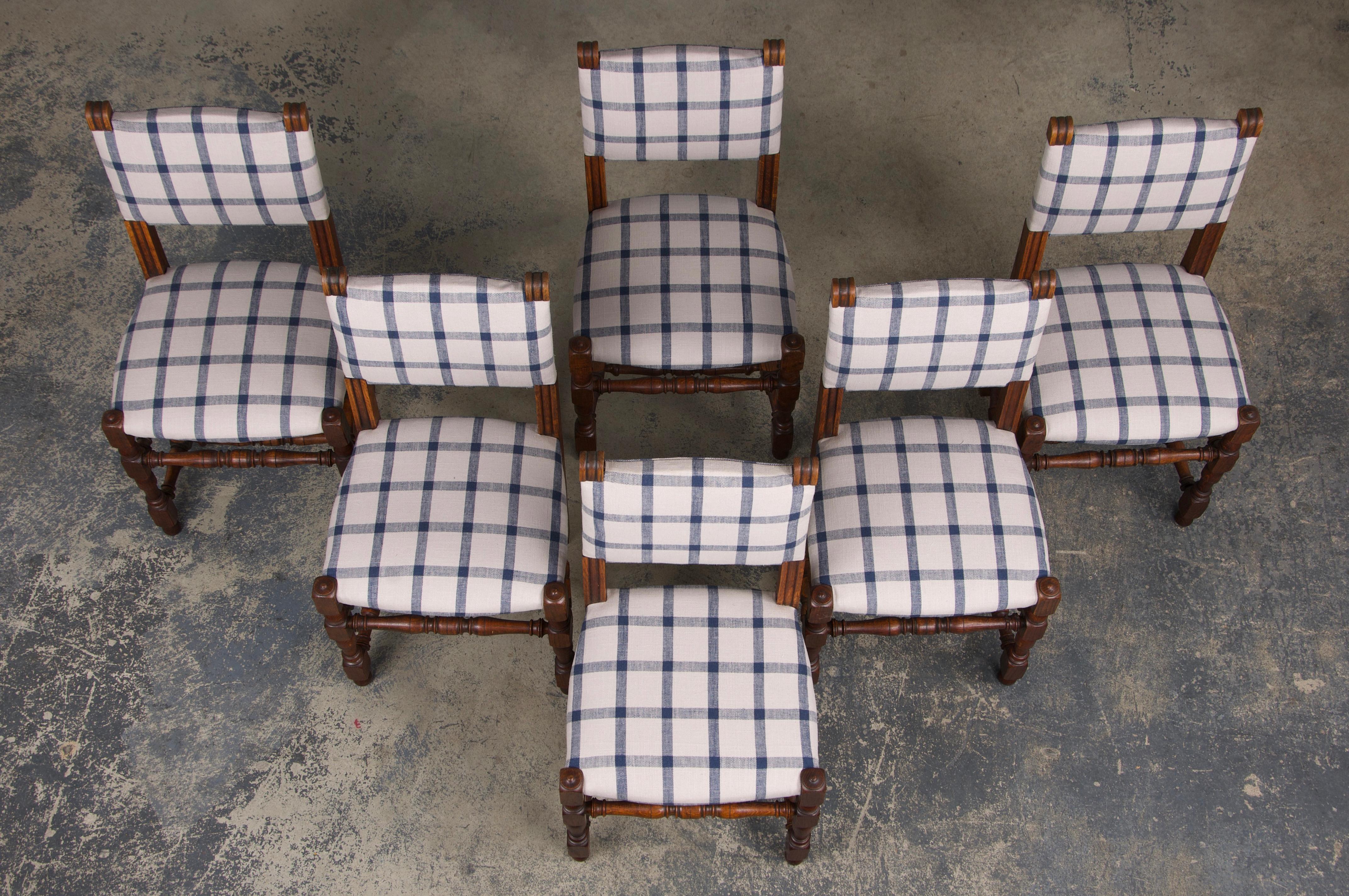 Hand-Carved Antique French Louis XIII Style Oak Dining Chairs W/ Plaid Fabric - Set of 6