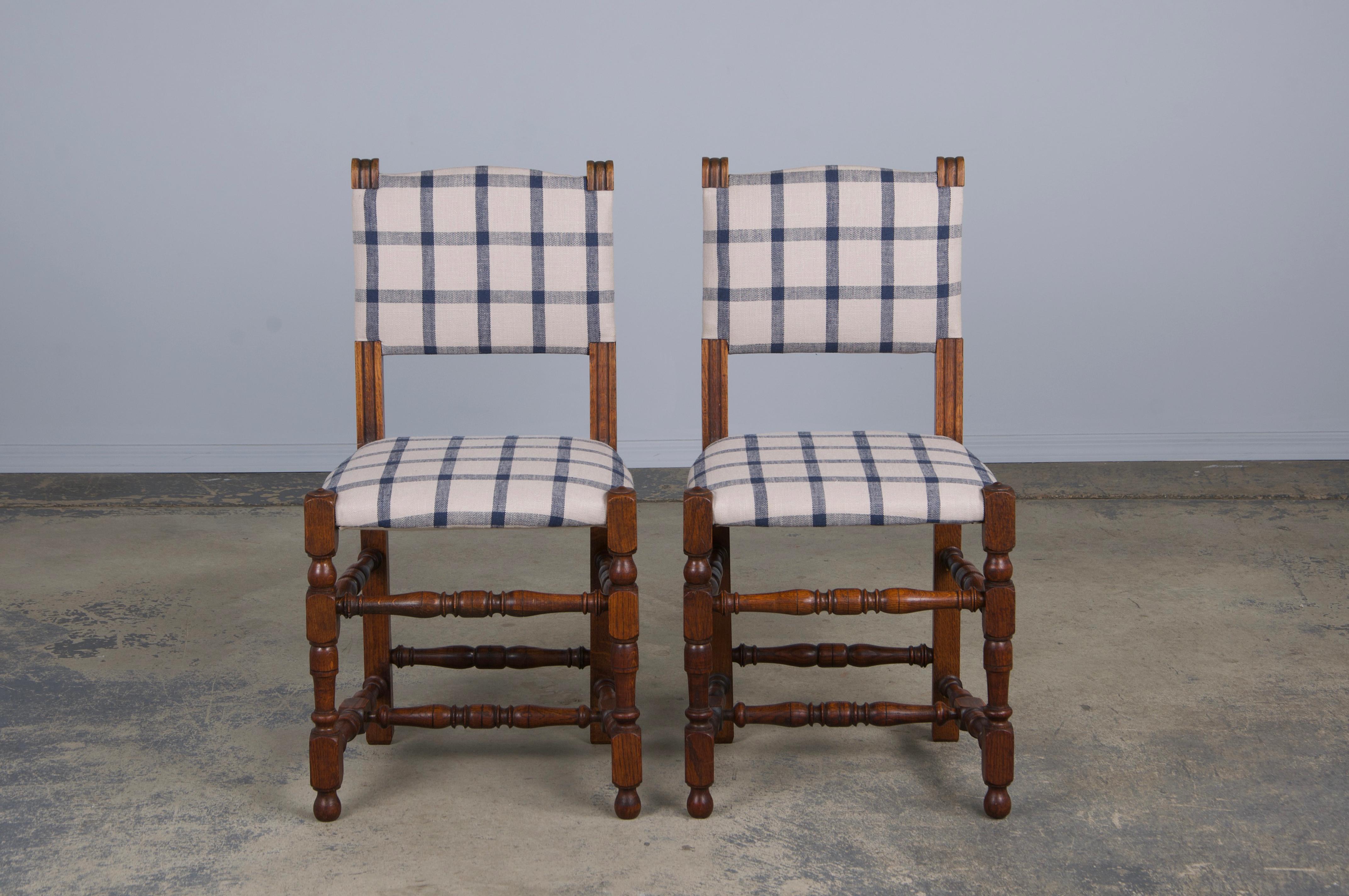 19th Century Antique French Louis XIII Style Oak Dining Chairs W/ Plaid Fabric - Set of 6