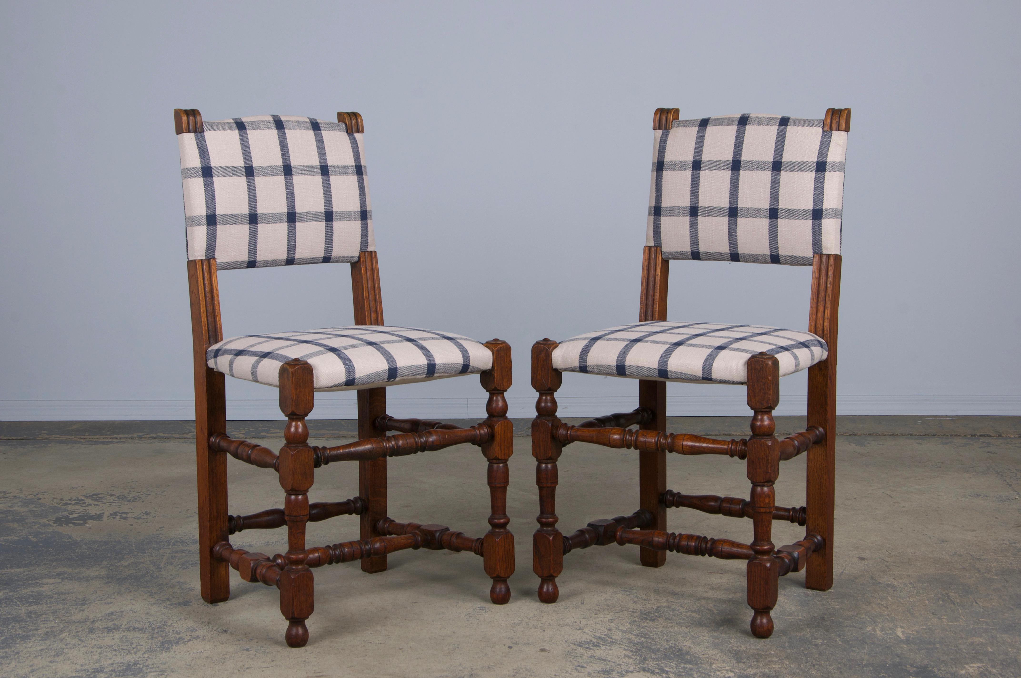 Antique French Louis XIII Style Oak Dining Chairs W/ Plaid Fabric - Set of 6 1