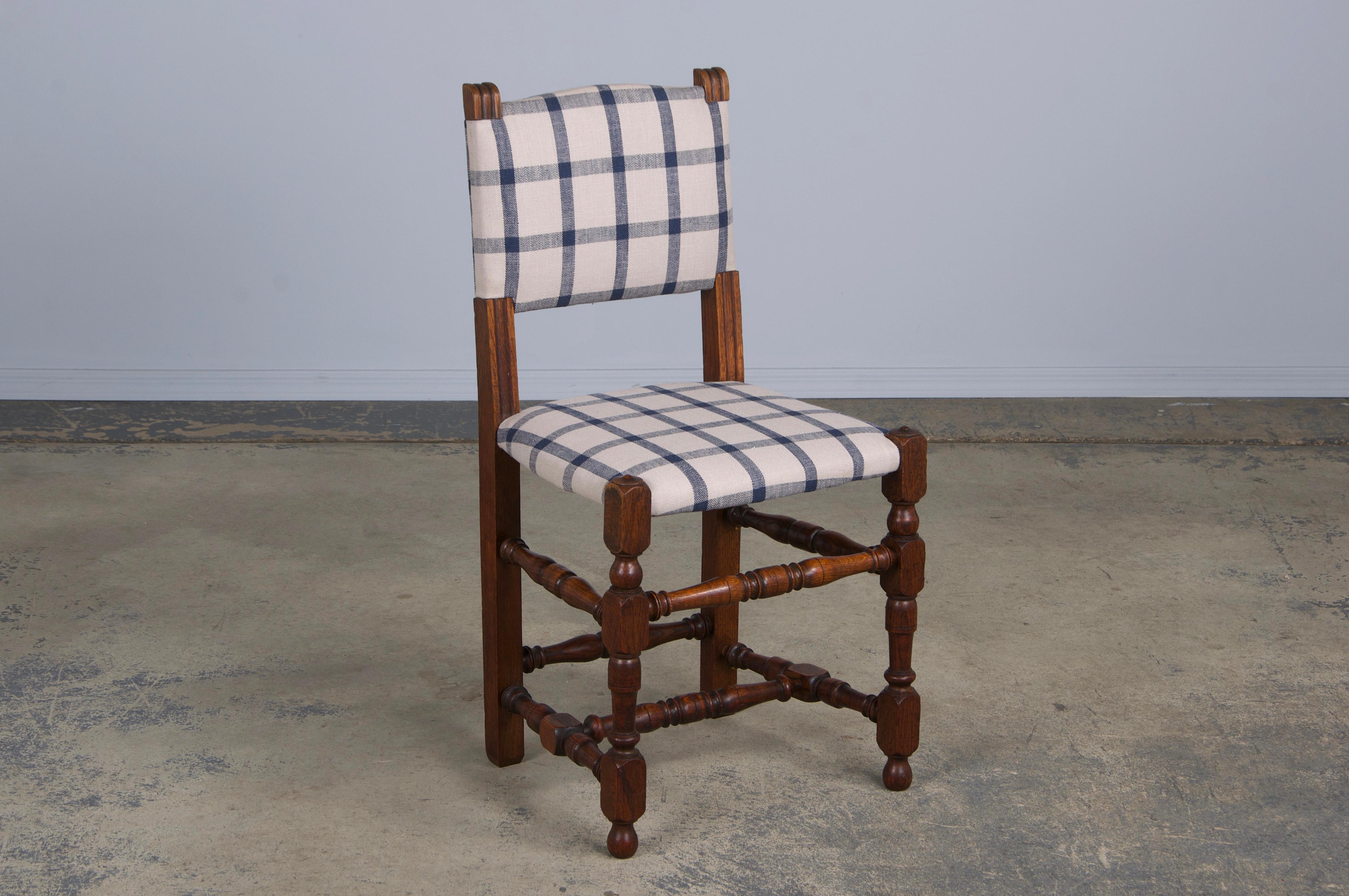 Antique French Louis XIII Style Oak Dining Chairs W/ Plaid Fabric - Set of 6 2