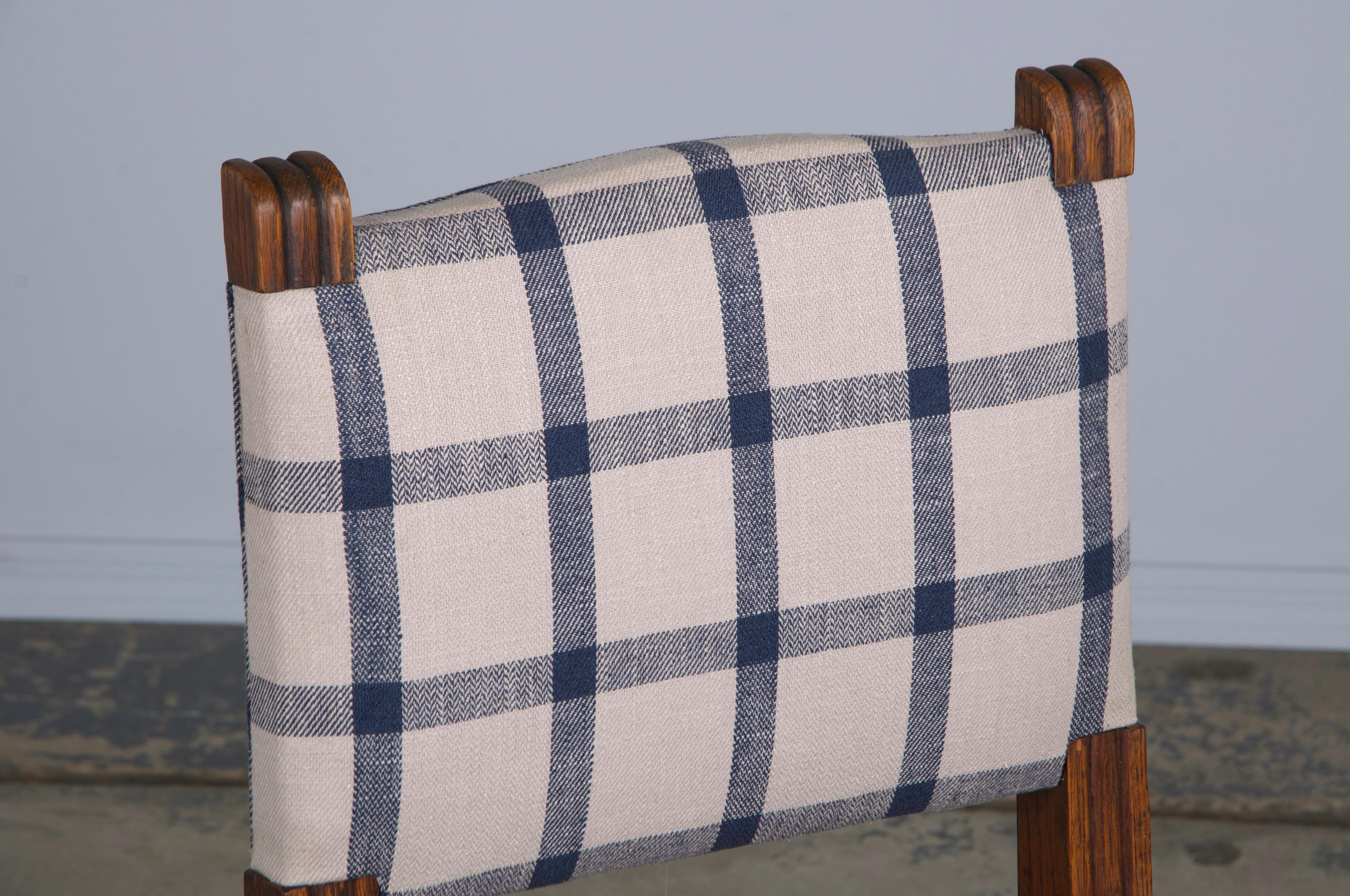 Antique French Louis XIII Style Oak Dining Chairs W/ Plaid Fabric - Set of 6 3
