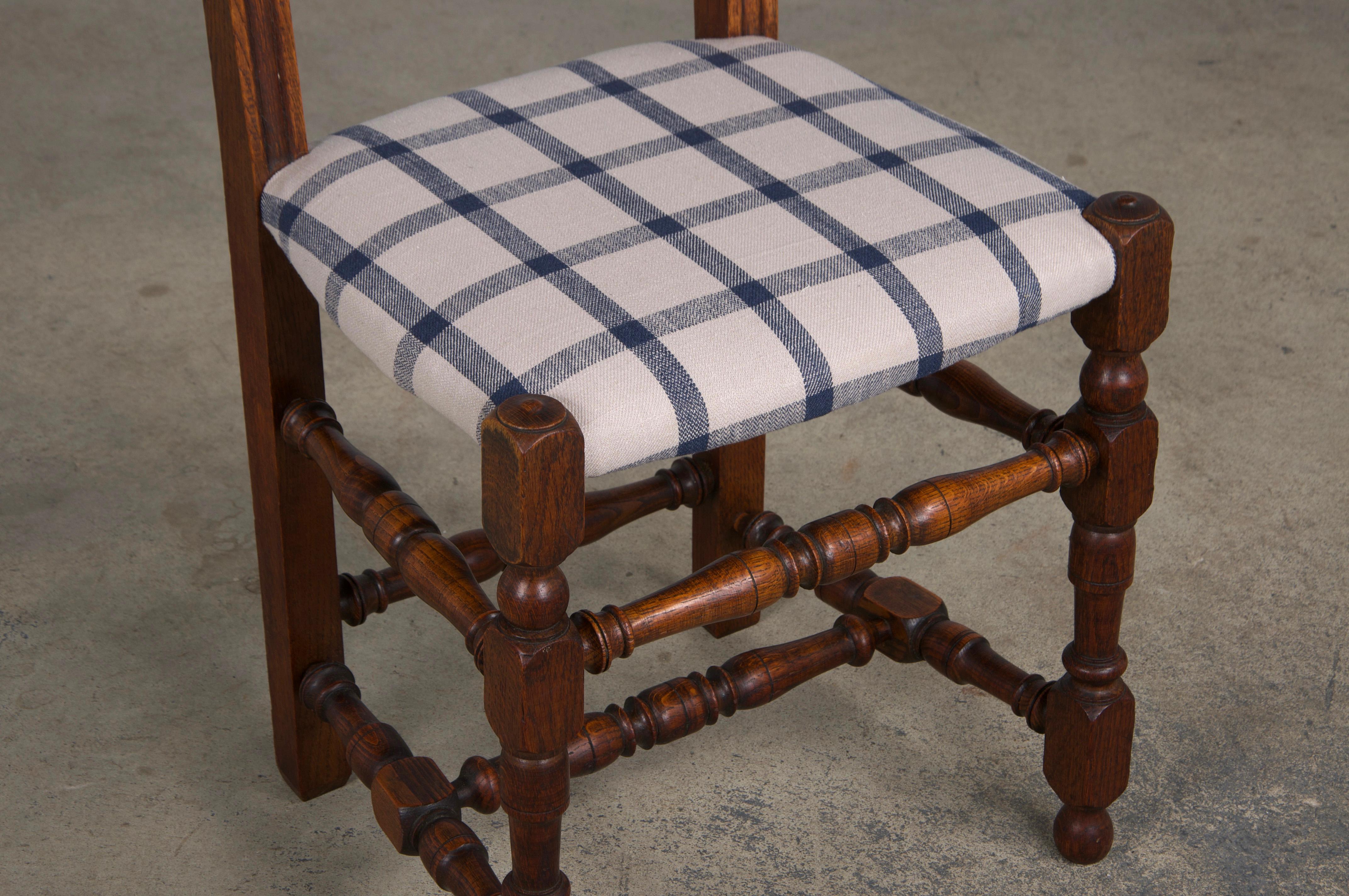 Antique French Louis XIII Style Oak Dining Chairs W/ Plaid Fabric - Set of 6 4
