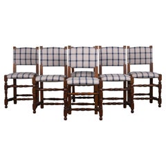 Antique French Louis XIII Style Oak Dining Chairs W/ Plaid Fabric - Set of 6