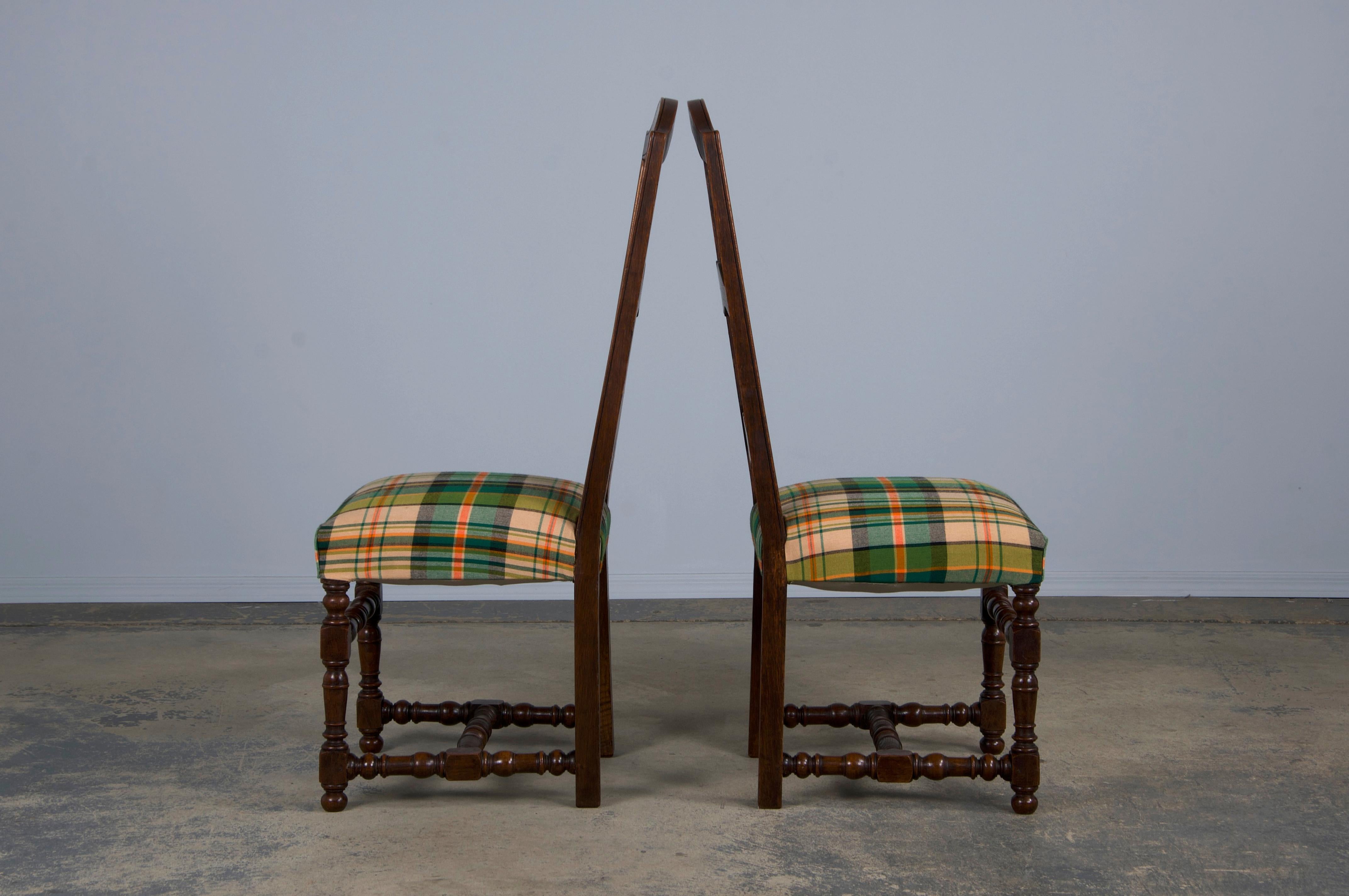 Antique French Louis XIII Style Oak Dining Chairs W/ Plaid Fabric - Set of 8 4