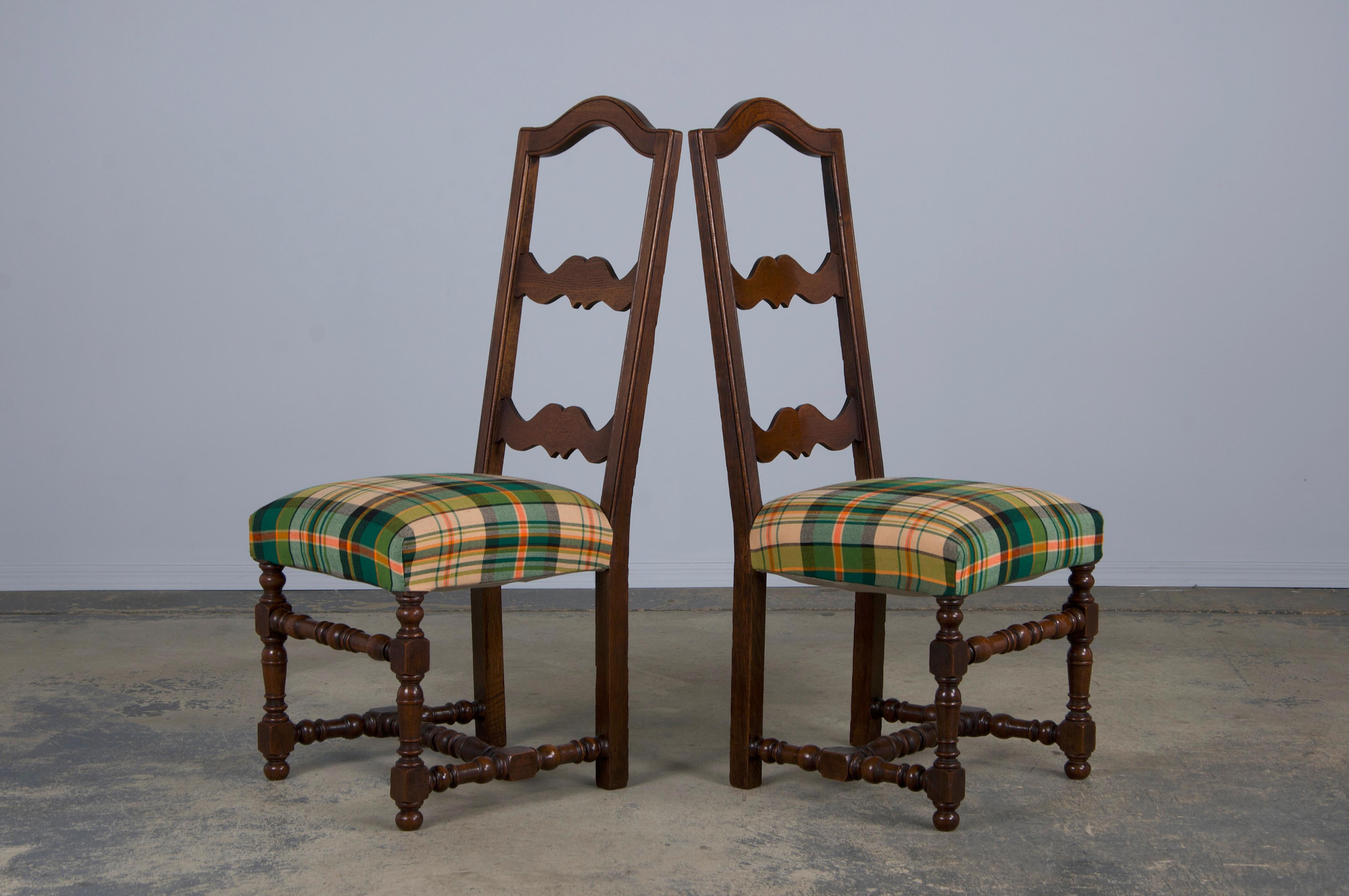 Antique French Louis XIII Style Oak Dining Chairs W/ Plaid Fabric - Set of 8 5