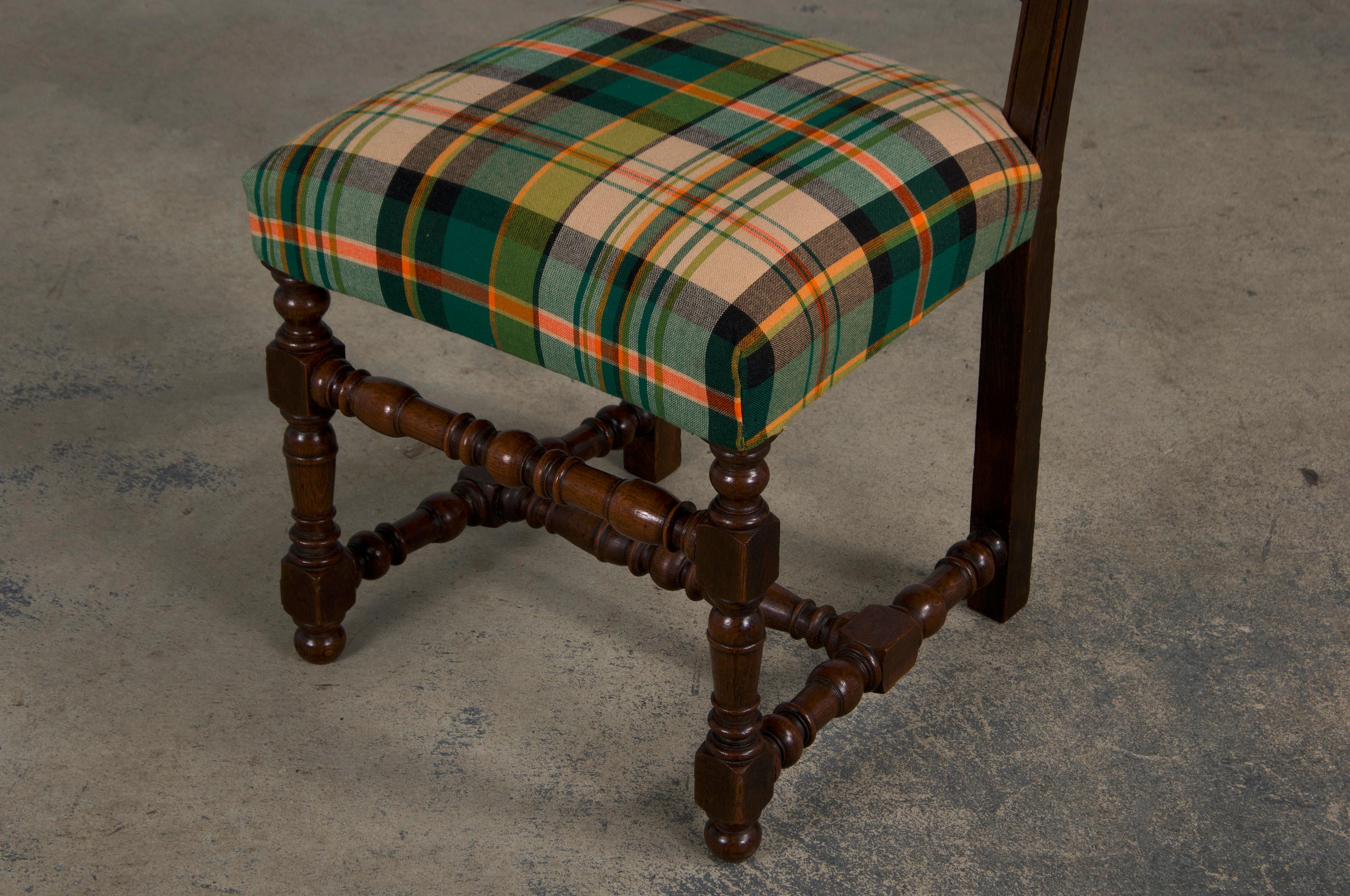 Antique French Louis XIII Style Oak Dining Chairs W/ Plaid Fabric - Set of 8 8