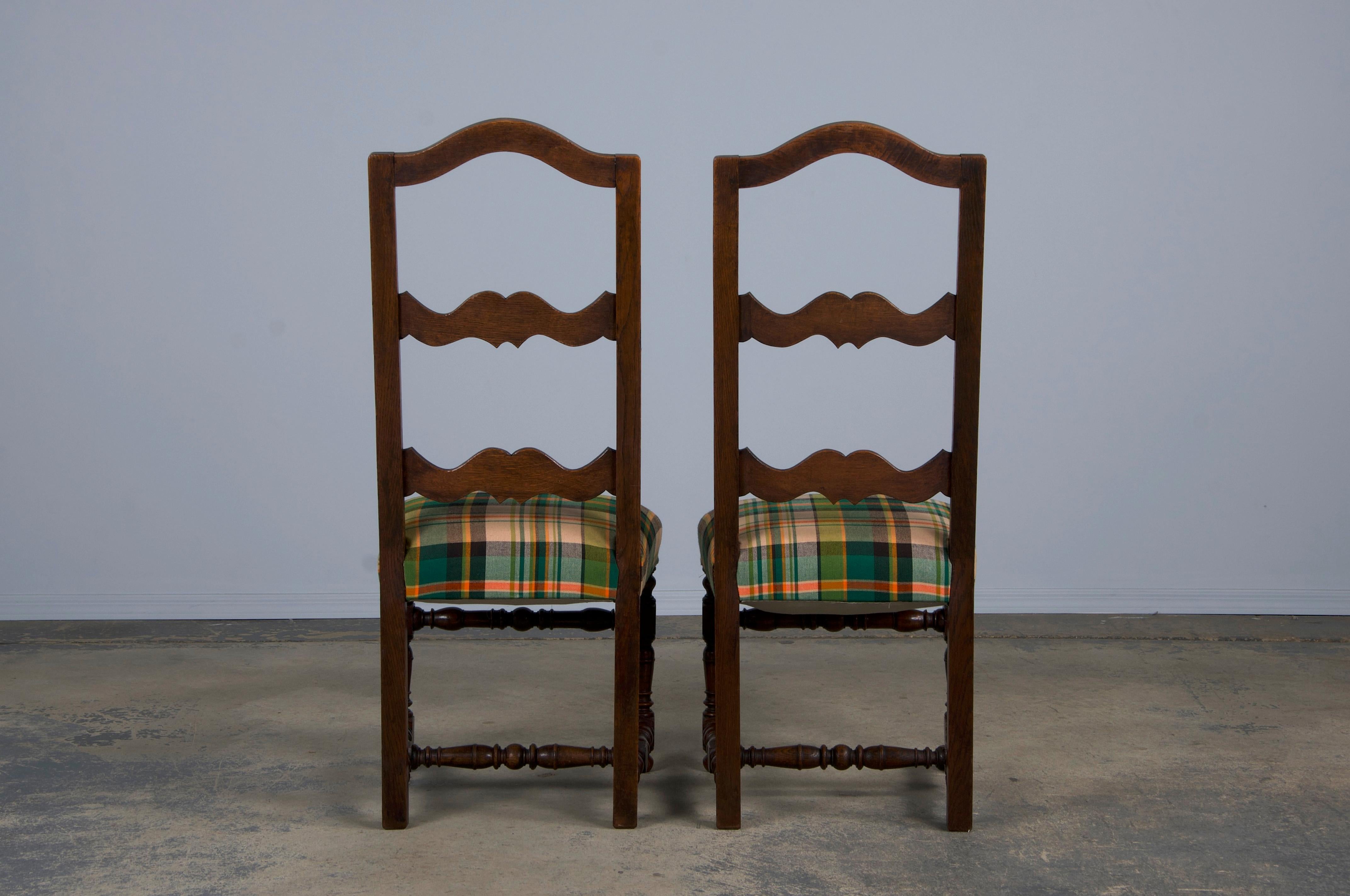 Antique French Louis XIII Style Oak Dining Chairs W/ Plaid Fabric - Set of 8 9