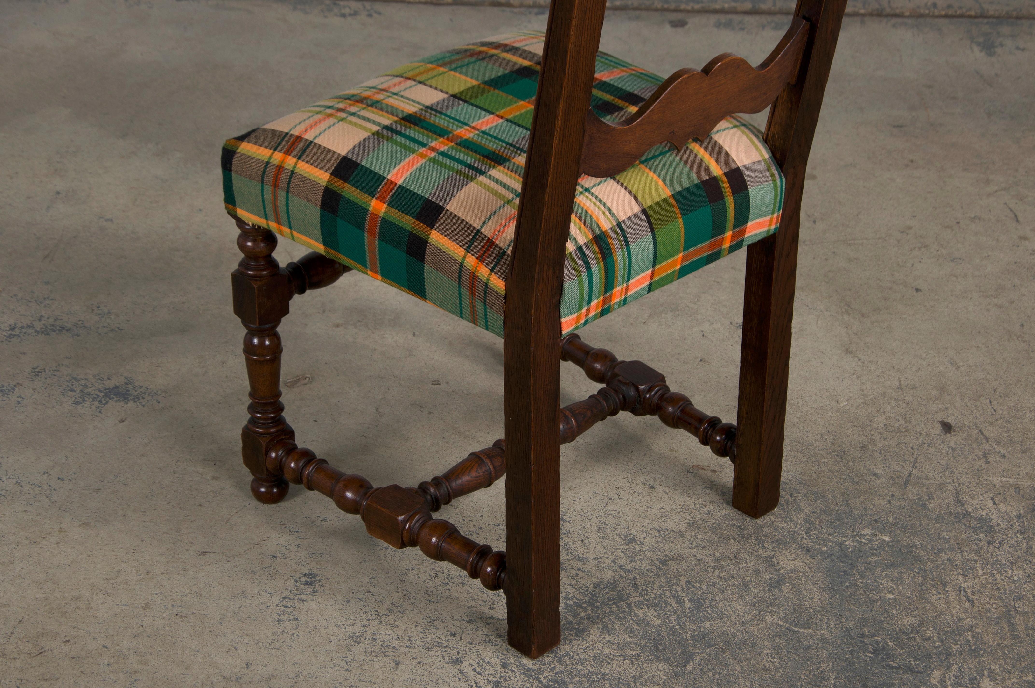Antique French Louis XIII Style Oak Dining Chairs W/ Plaid Fabric - Set of 8 11