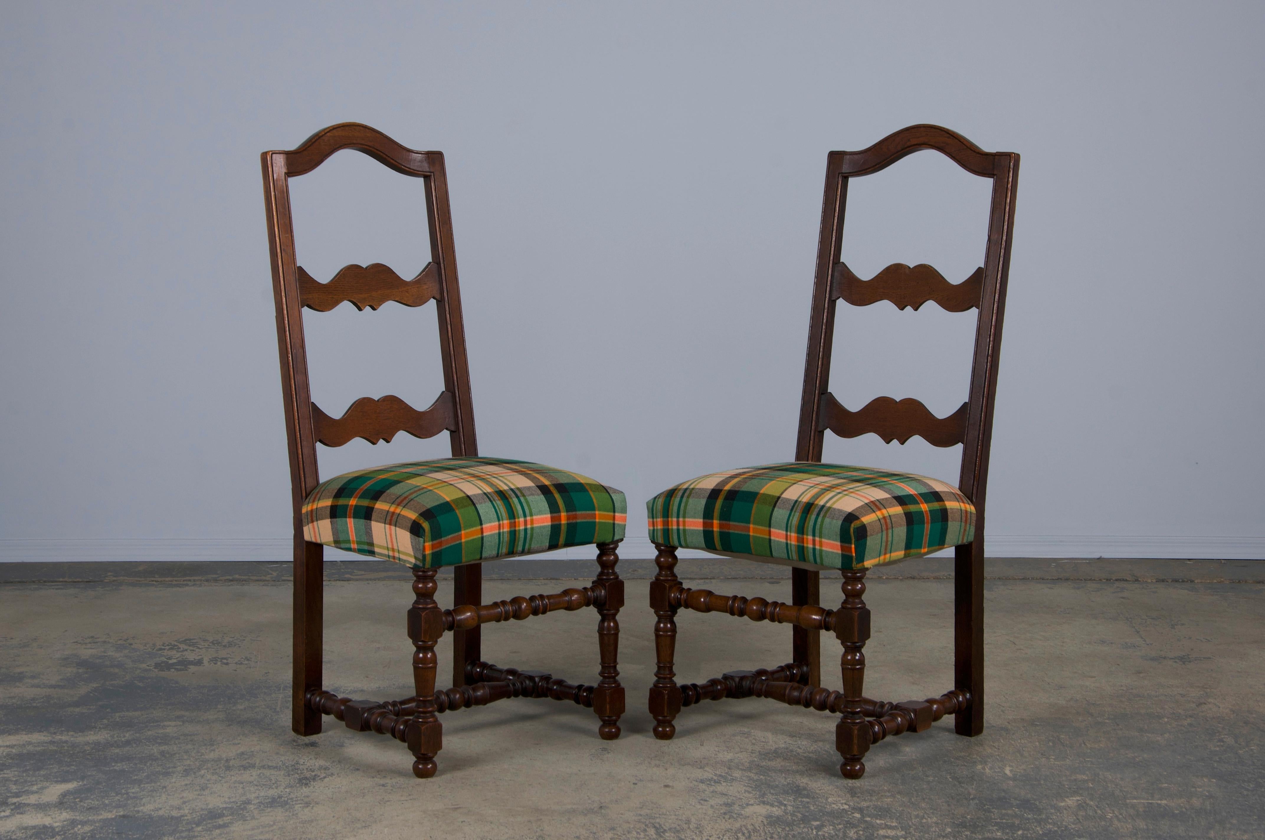 19th Century Antique French Louis XIII Style Oak Dining Chairs W/ Plaid Fabric - Set of 8