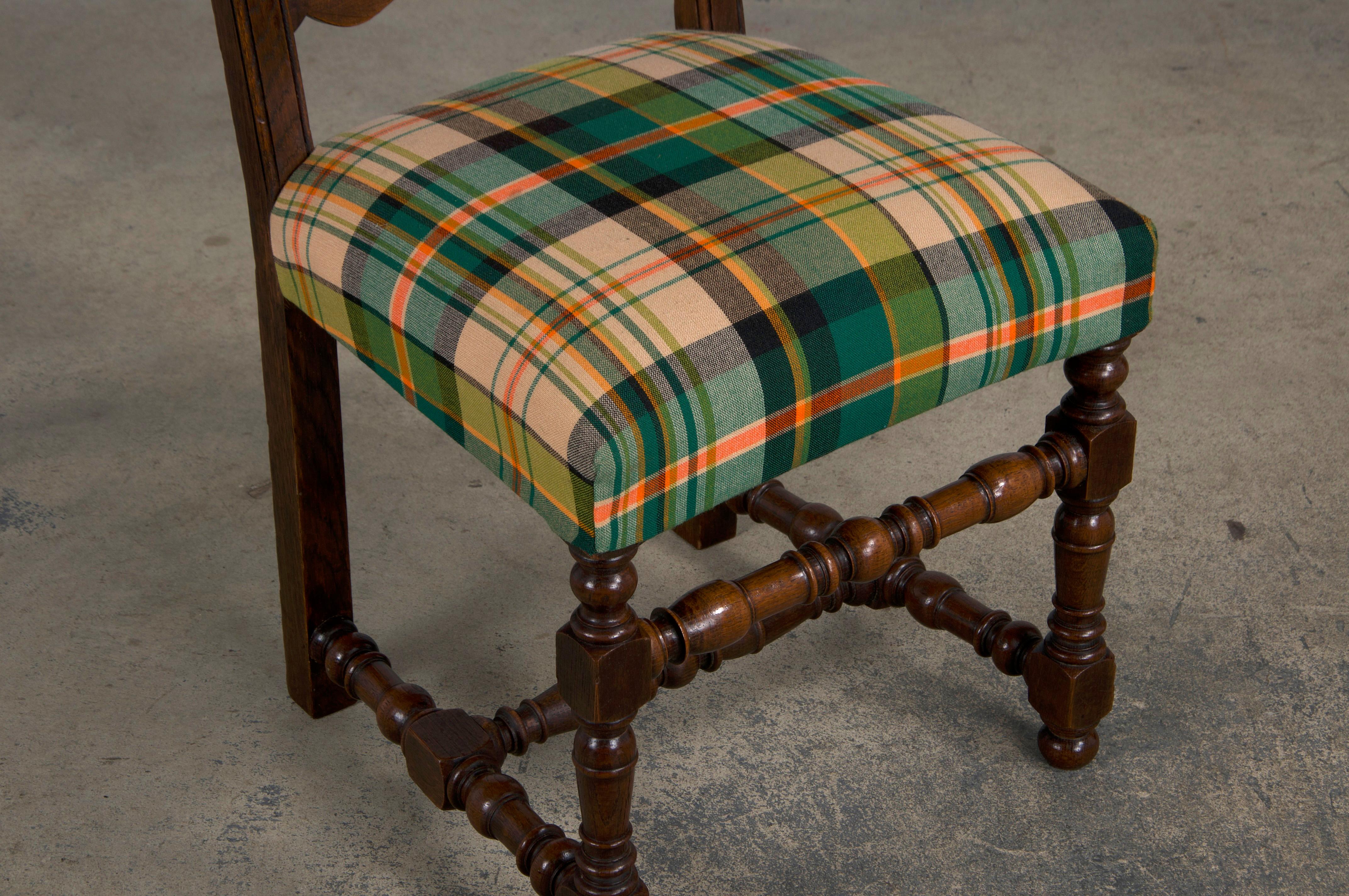 Antique French Louis XIII Style Oak Dining Chairs W/ Plaid Fabric - Set of 8 1