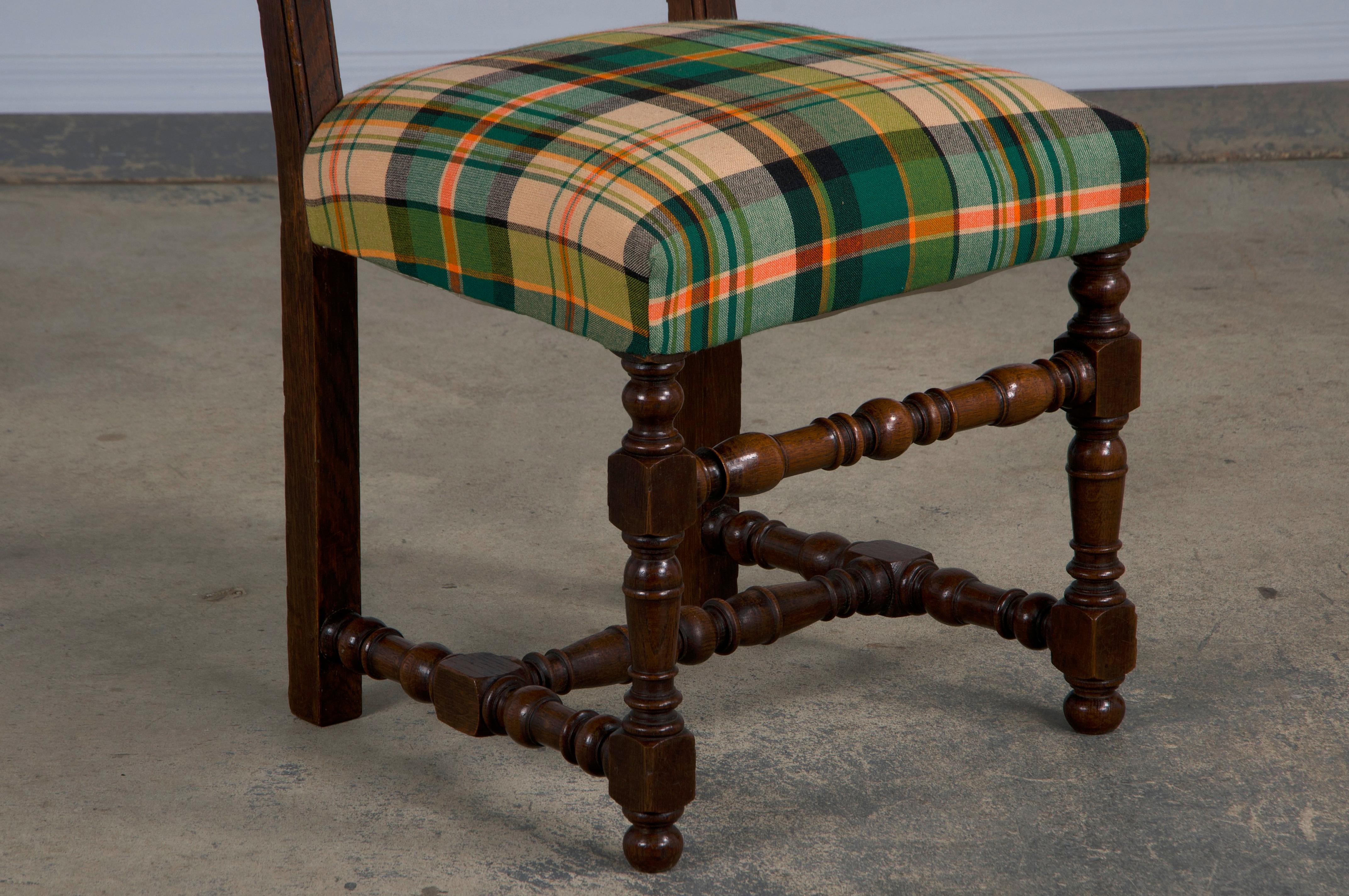 Antique French Louis XIII Style Oak Dining Chairs W/ Plaid Fabric - Set of 8 2