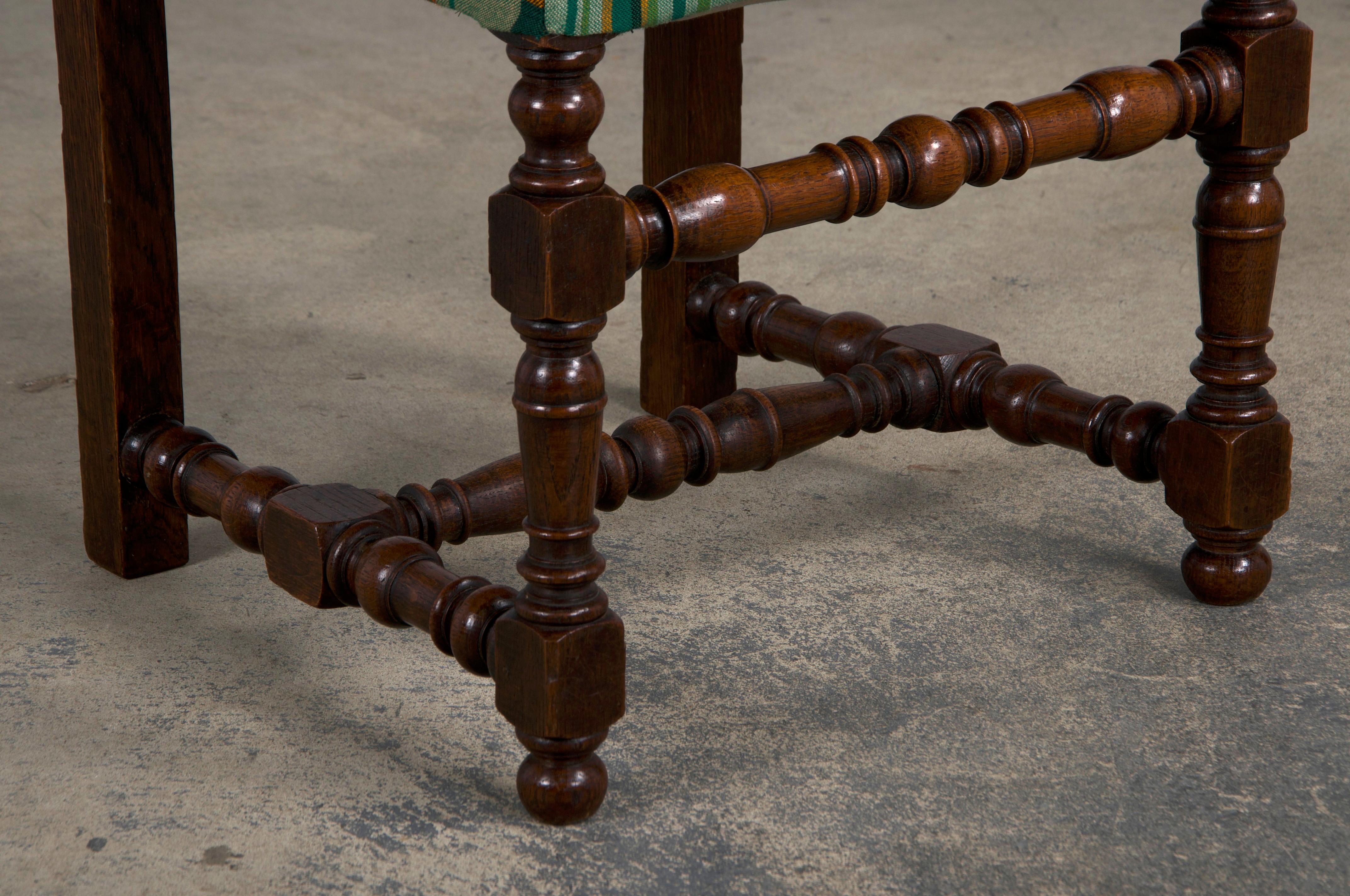 Antique French Louis XIII Style Oak Dining Chairs W/ Plaid Fabric - Set of 8 3