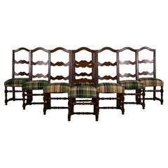 Antique French Louis XIII Style Oak Dining Chairs W/ Plaid Fabric - Set of 8