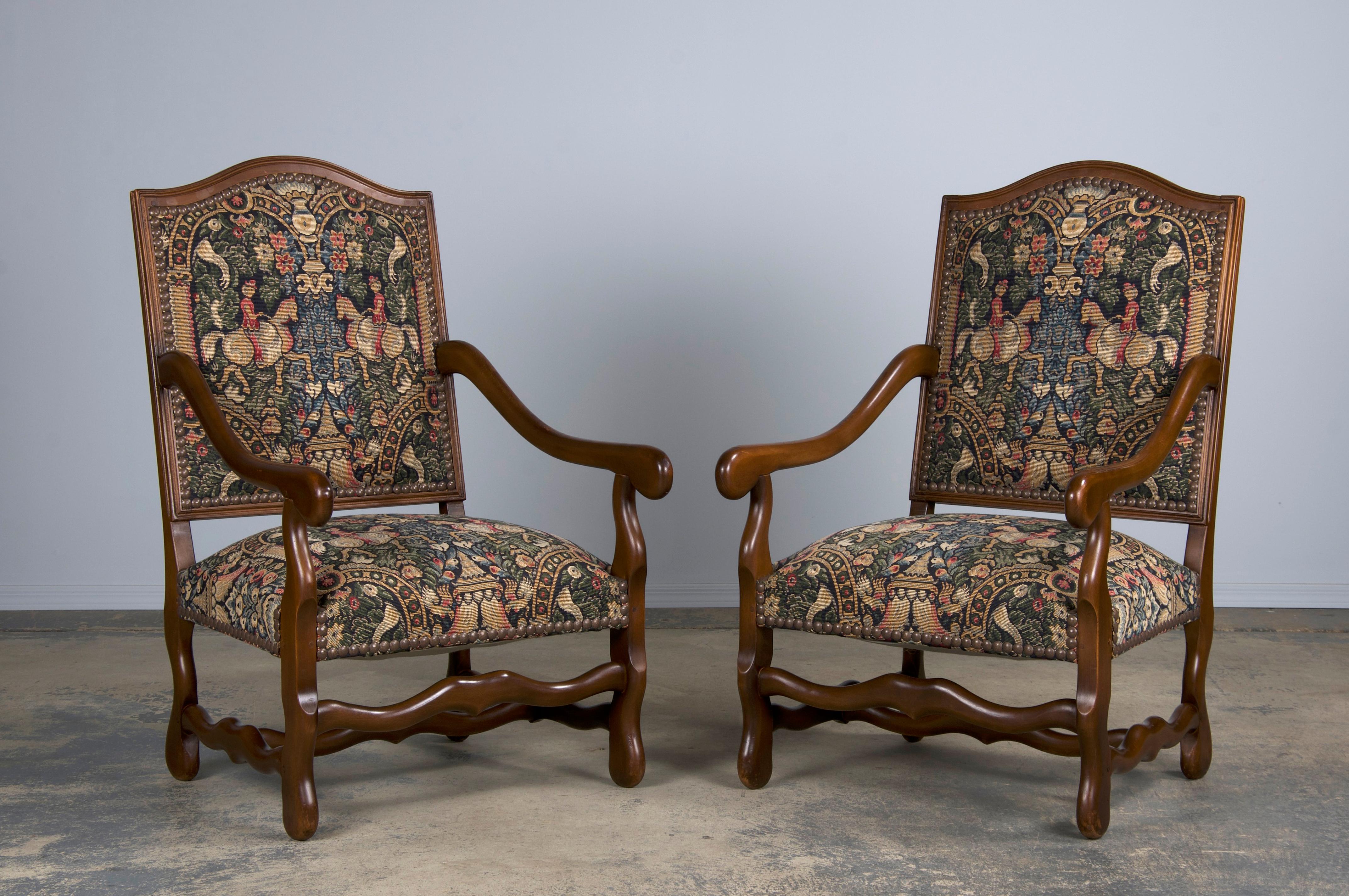 French Louis XIII Style Os De Mouton Oak Dining Chairs W/ Jacquard - Set of 8 5