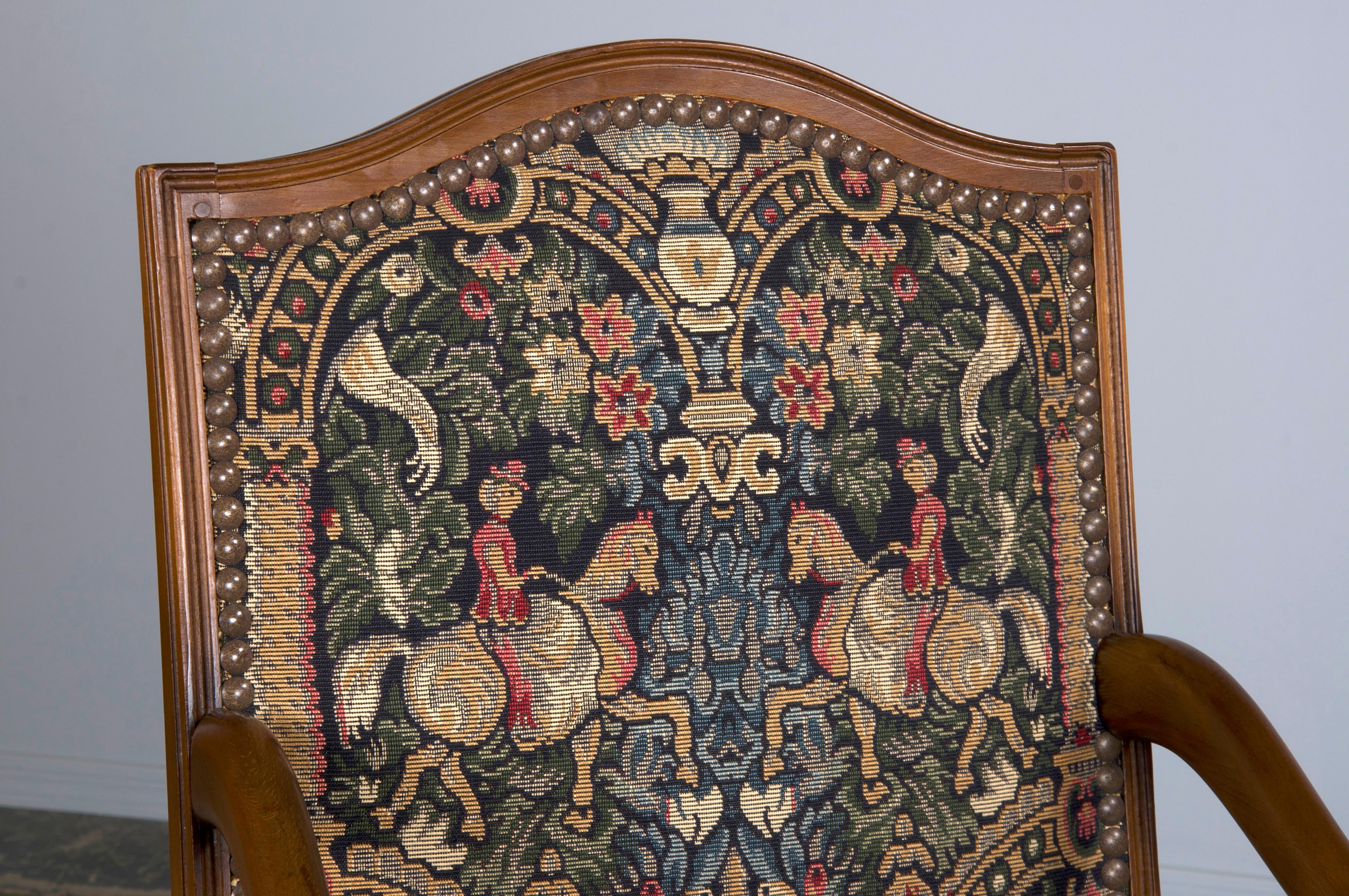 French Louis XIII Style Os De Mouton Oak Dining Chairs W/ Jacquard - Set of 8 6