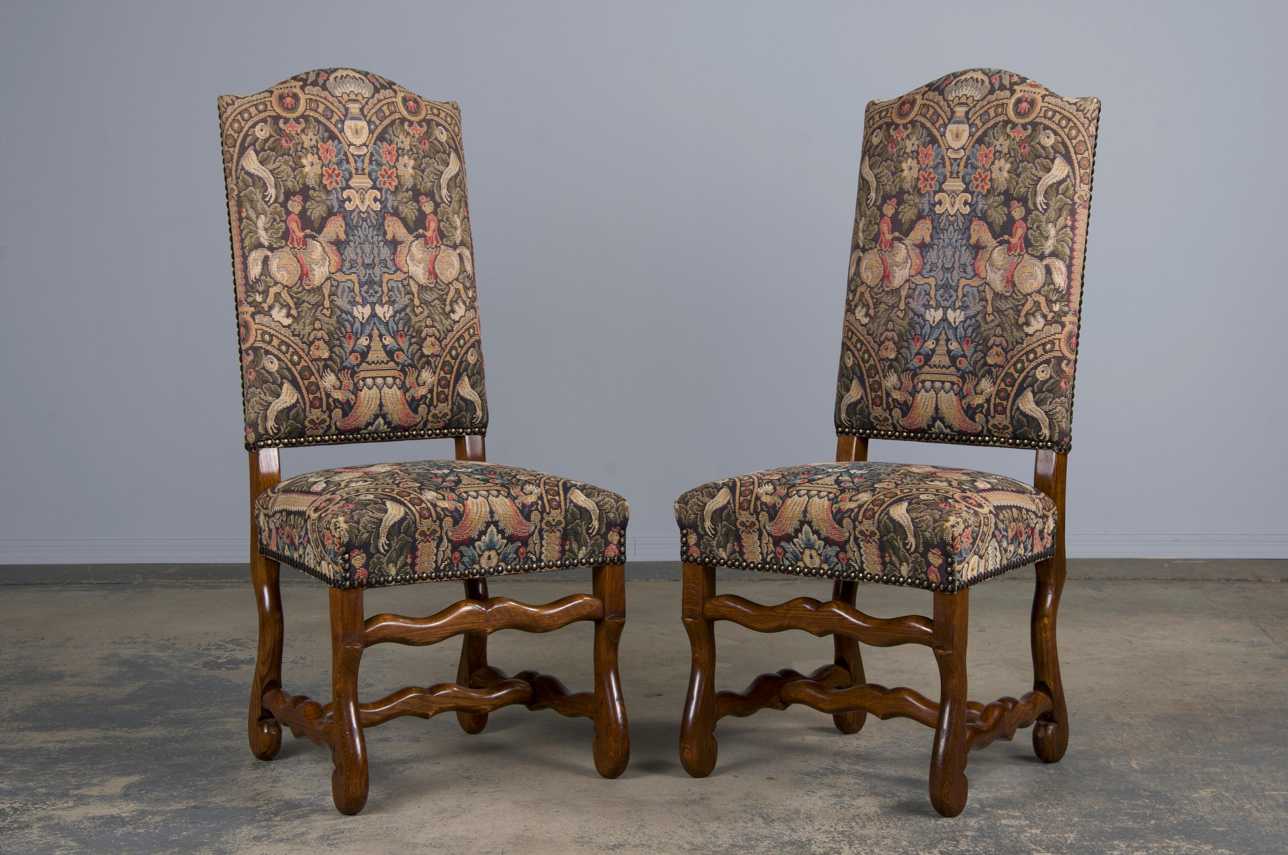 French Louis XIII Style Os De Mouton Oak Dining Chairs W/ Jacquard - Set of 8 7