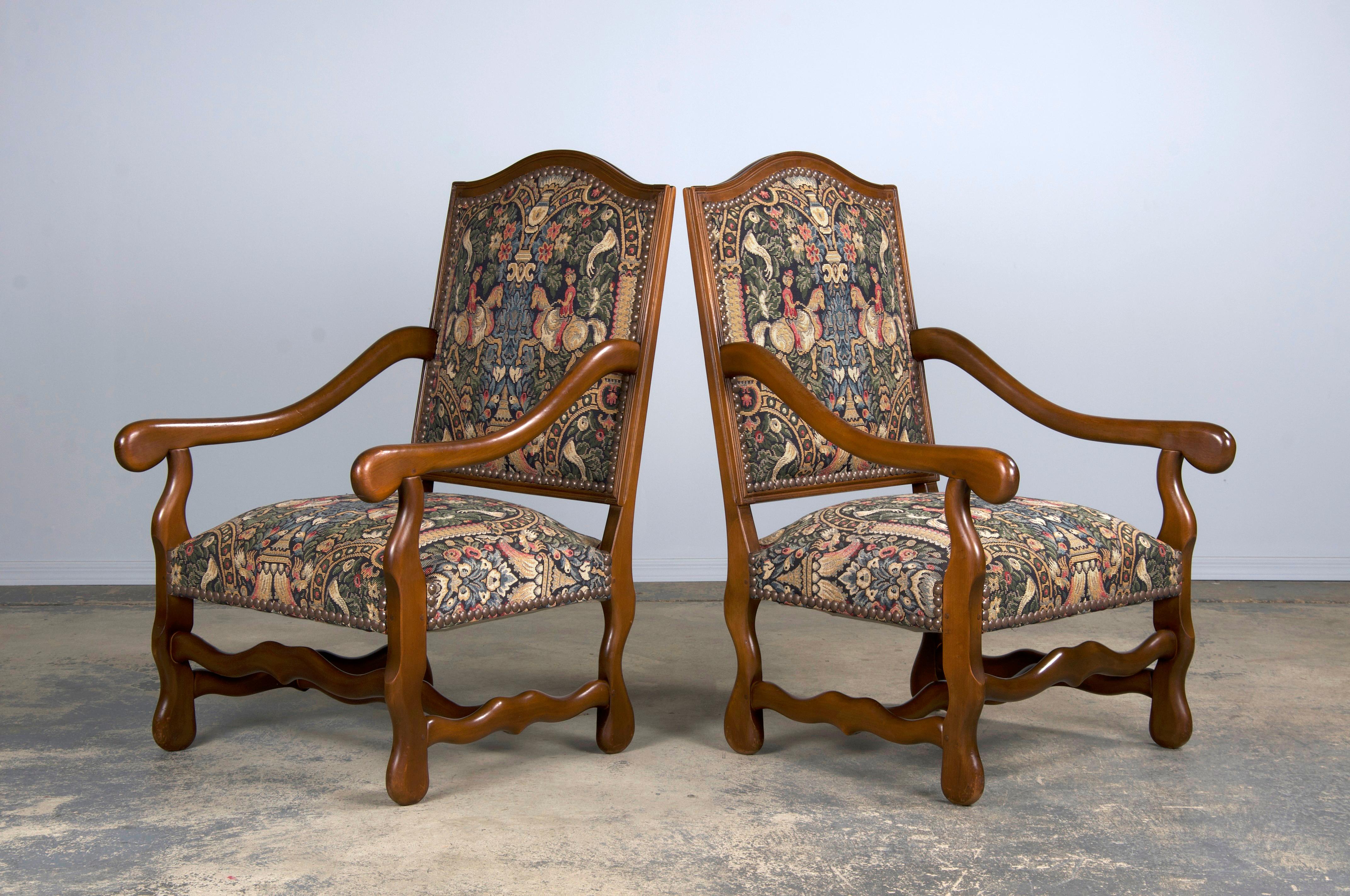 French Louis XIII Style Os De Mouton Oak Dining Chairs W/ Jacquard - Set of 8 9