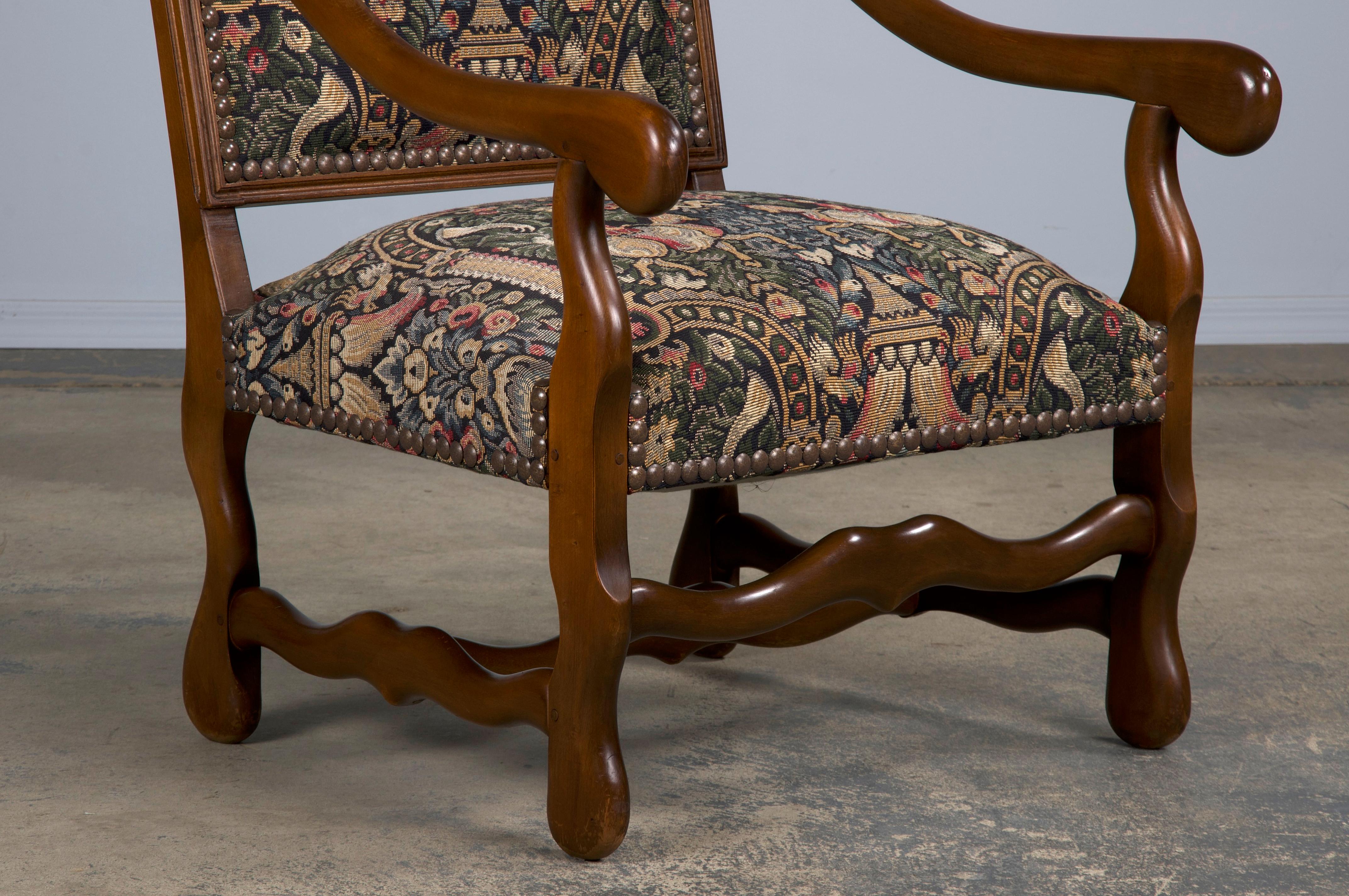 French Louis XIII Style Os De Mouton Oak Dining Chairs W/ Jacquard - Set of 8 10